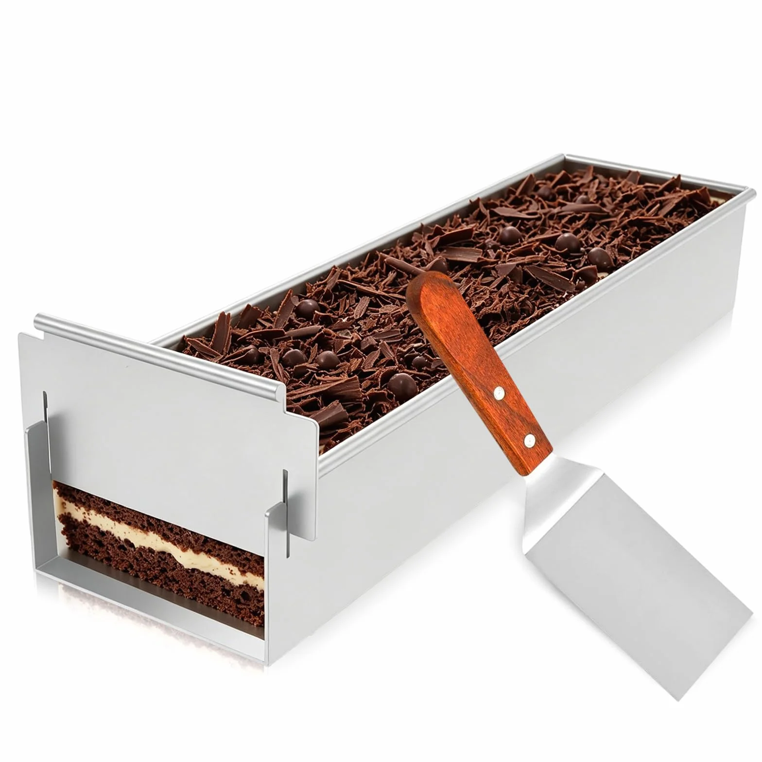 Prostokątna forma do tiramisu ze stali nierdzewnej, regulowana, z łopatką