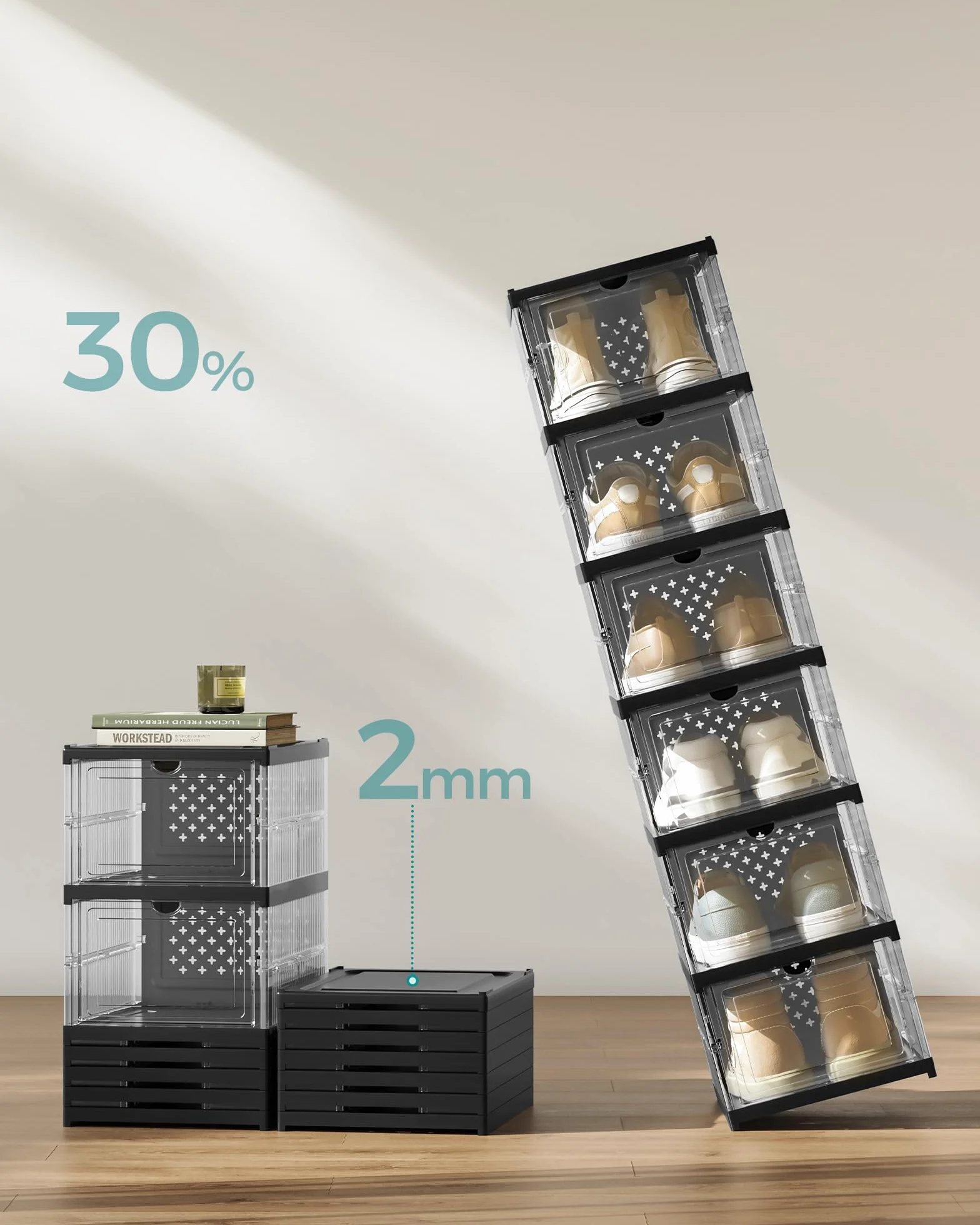 SONGMICS Szafka na buty, 2 sztuki, z 12 pudełkami na buty, zintegrowany organizer na buty, składana, przenośna, na buty do rozmiaru 46, montaż w 1 minutę, przezroczysty tusz czarny LSP206B01