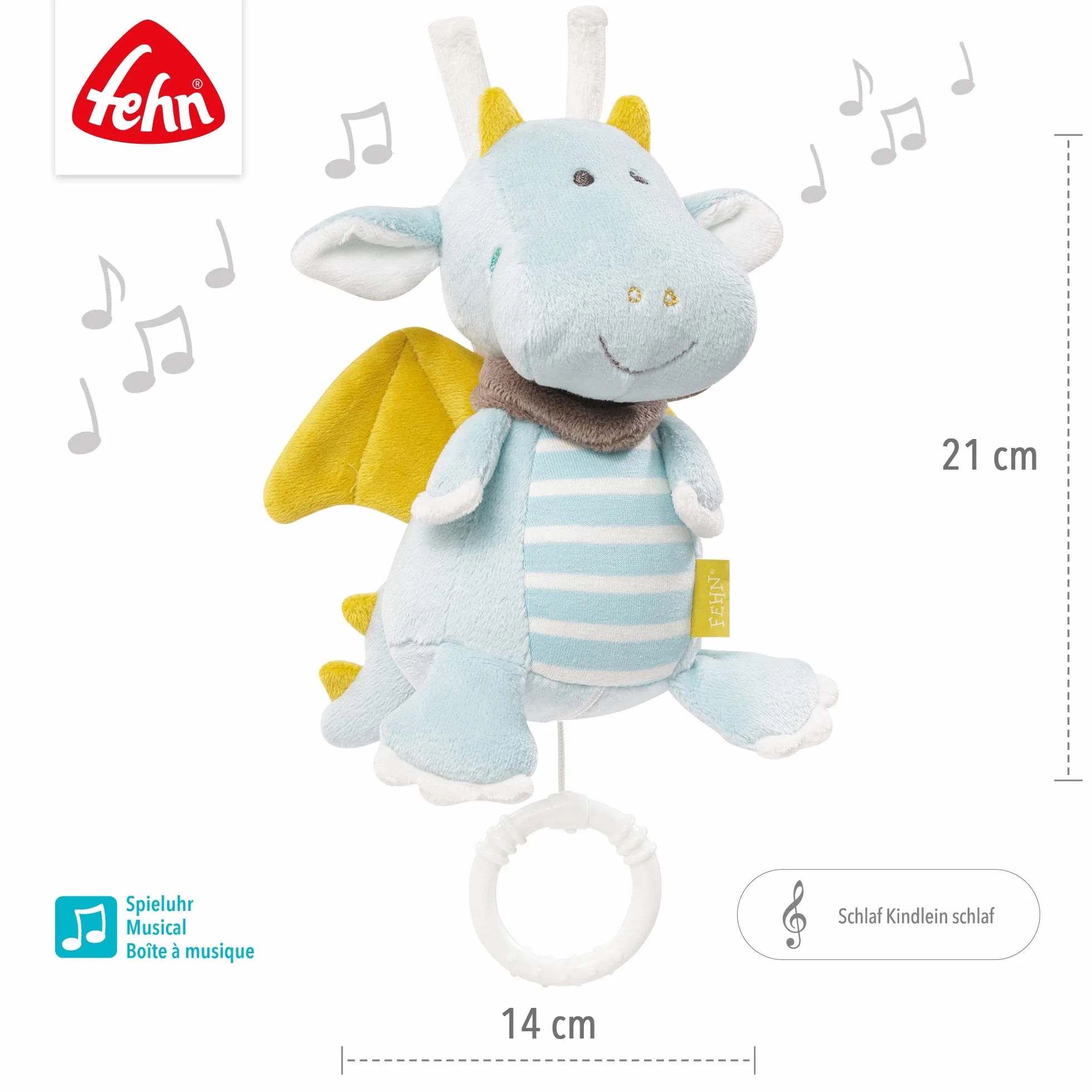 Fehn Pozytywka dla niemowląt, pomoc w zasypianiu, smok – pozytywka z wyjmowanym mechanizmem do zawieszenia – pomoc w zasypianiu melodia "Sleeping Kindlein Schlaf" – zabawka muzyczna dla niemowląt i