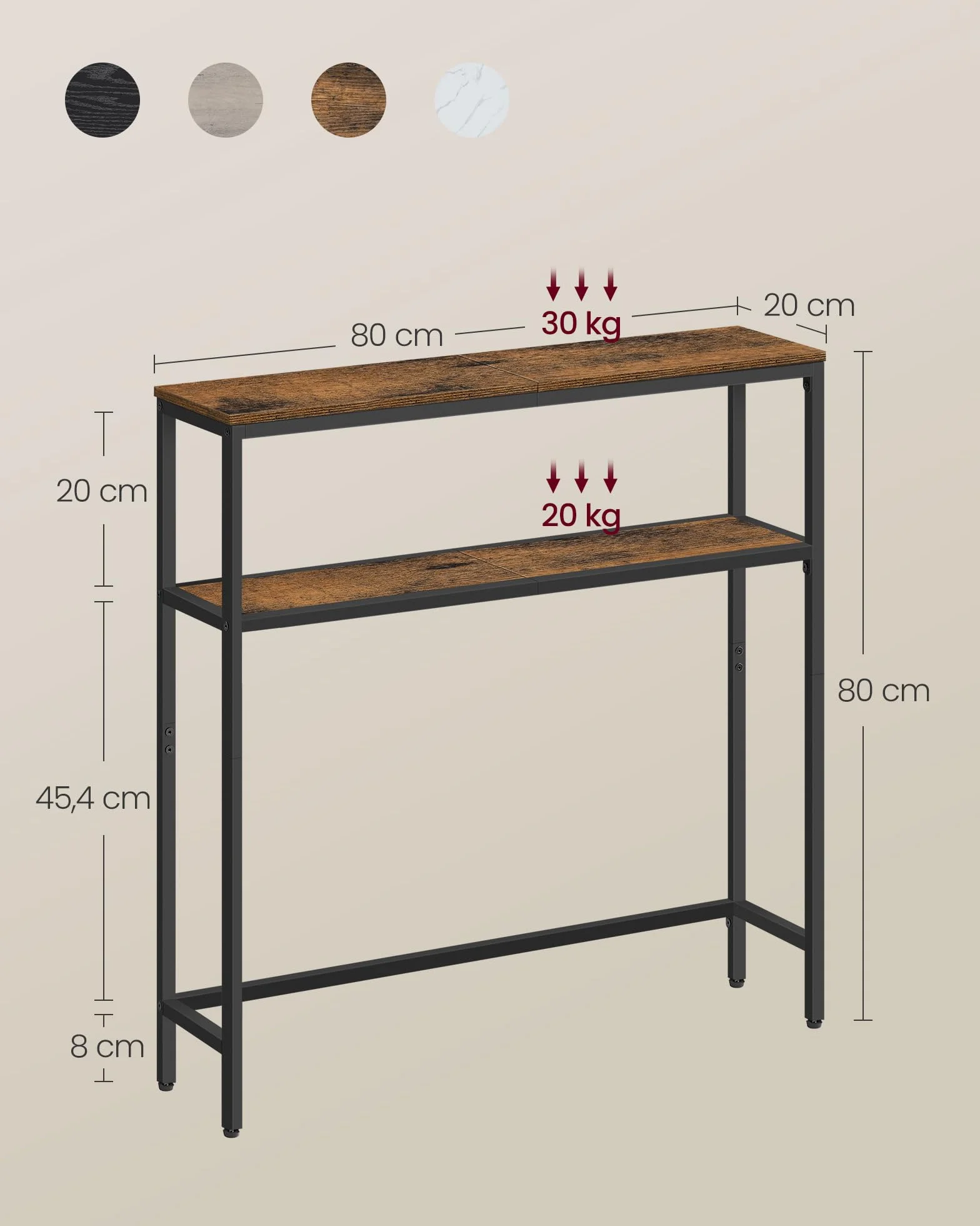 VASAGLE Stolik konsolowy, wąski stolik kawowy z 2 półkami, 20 x 80 x 80 cm, stół do przedpokoju, 2 poziomy, do przedpokoju, salonu, sypialni, vintage brązowy atrament czarny LNT130K01