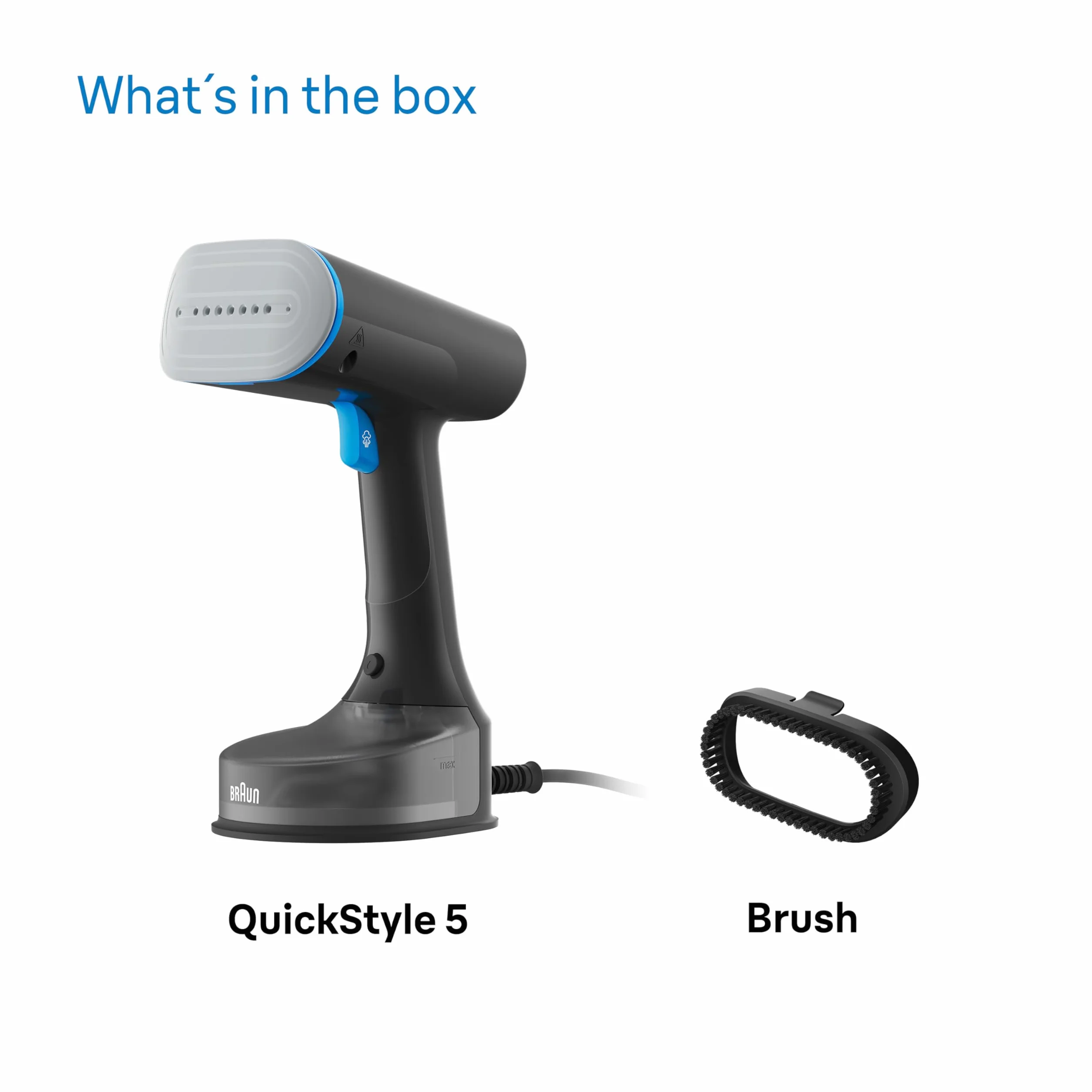 Braun QuickStyle 5 GS5031BL parownica parowa, technologia Dual FreeGlide 3D, technologia FastSteam, para 25 g/min, zbiornik na wodę 150 ml, kabel o długości 2,5 m, gotowy w 45 sekund, 1200 W,