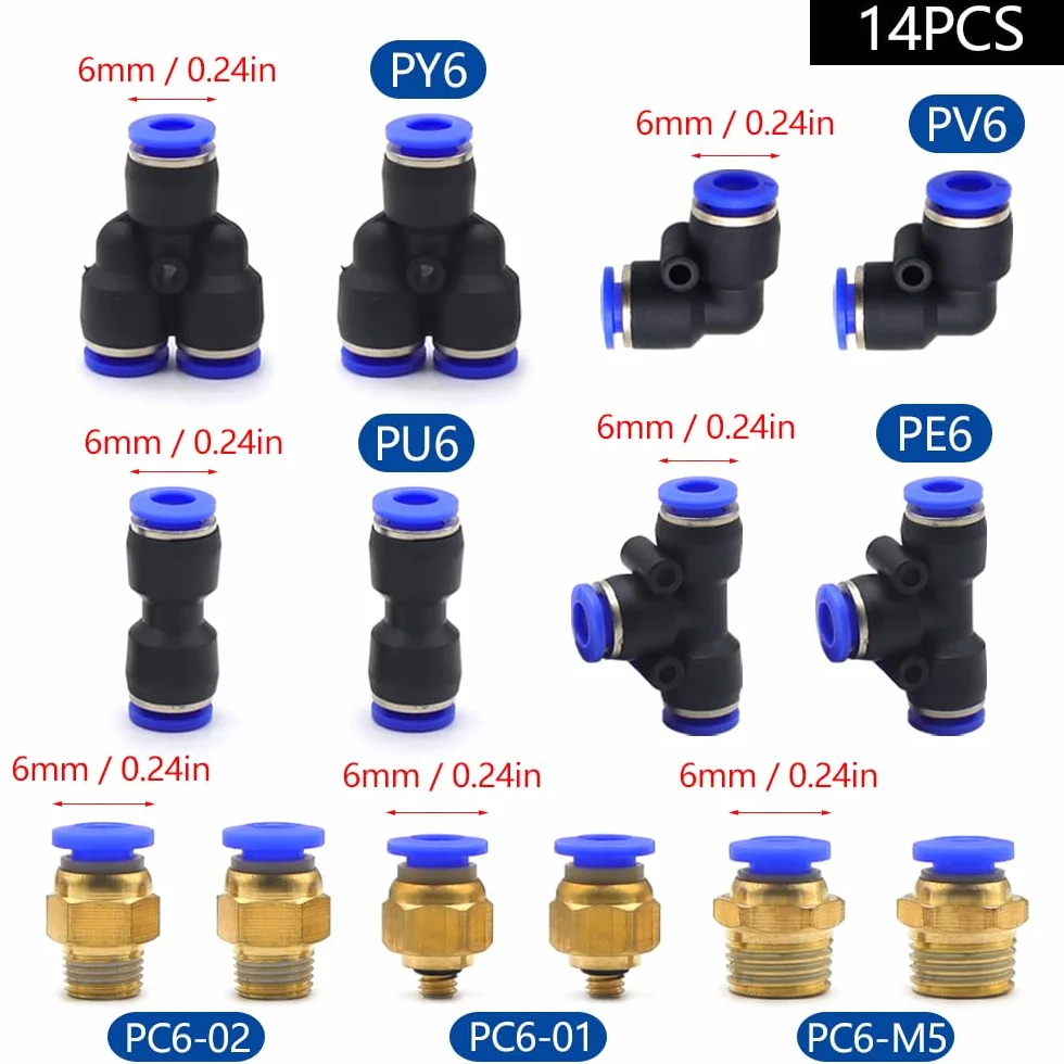 Wąż pneumatyczny 10 M czarny 6 mm OD x 4 mm ID PU rura powietrzna z 14 szybkozłączkami pneumatycznymi (kształt Y/T/L/I) do narzędzi pneumatycznych
