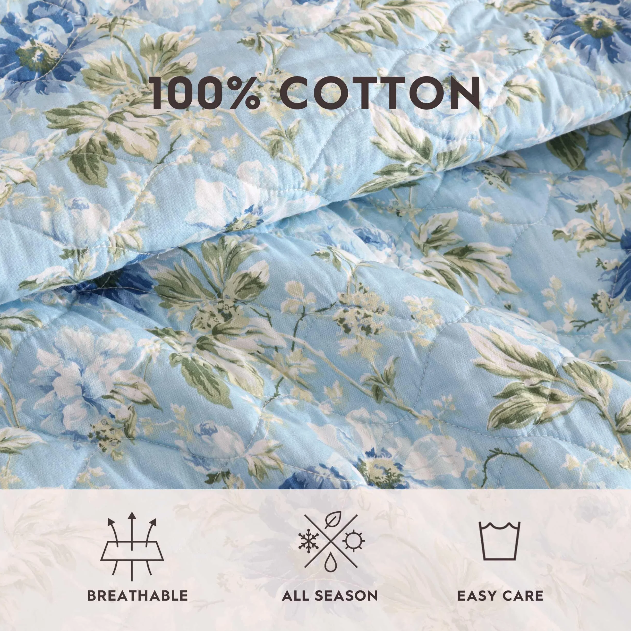 Laura Ashley - Zestaw kołder, super miękka pościel z pasującymi poszewkami na brzegi (Peony Garden Blue, Full/Queen)