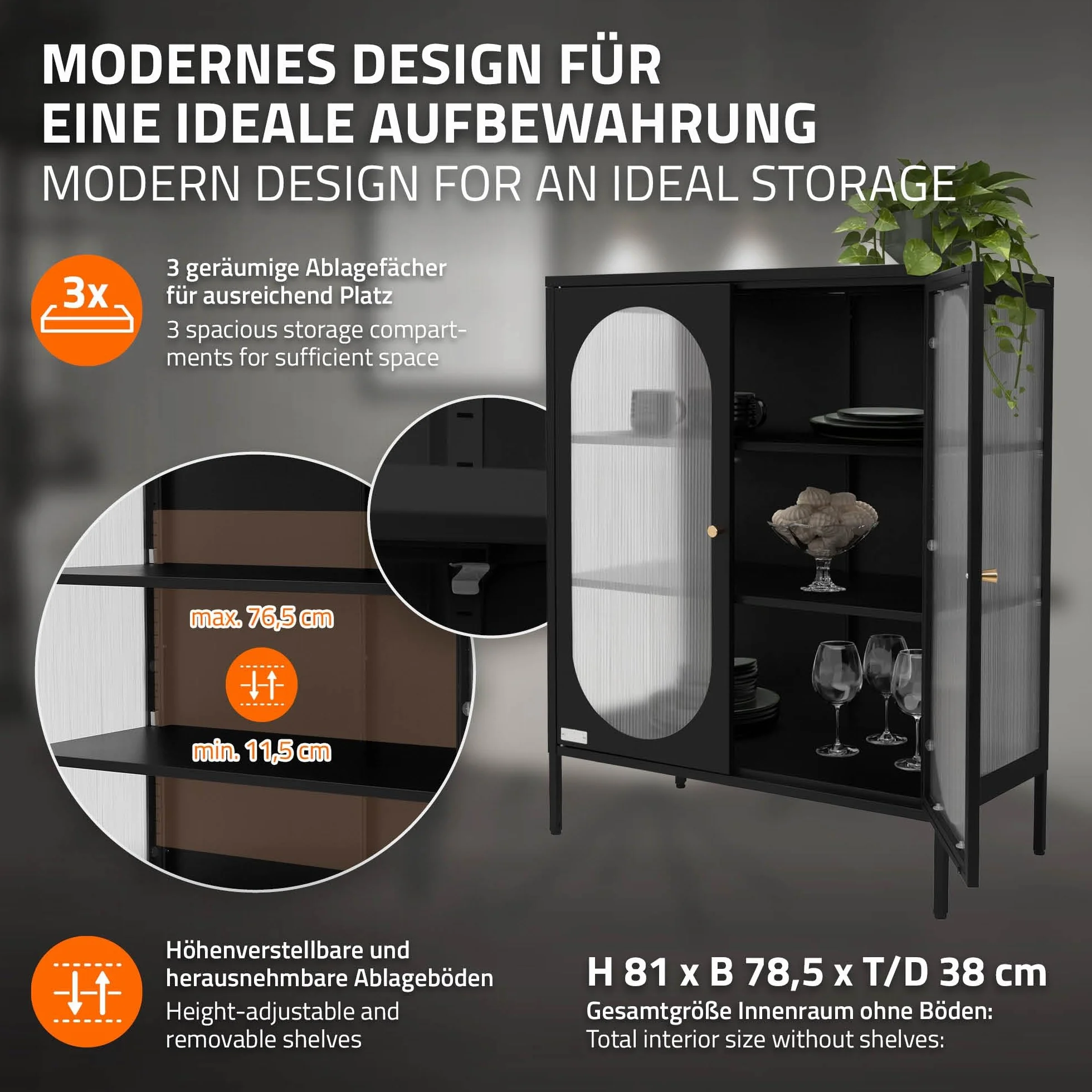 ML-Design witryna 80 x 102,5 x 40 cm czarna z 3 pólkami i 2 drzwiczkami stalowa szafka do salonu w stylu industrialnym wykonana z metalu komoda regal szafka na dokumenty mebel stojacy podlogowy