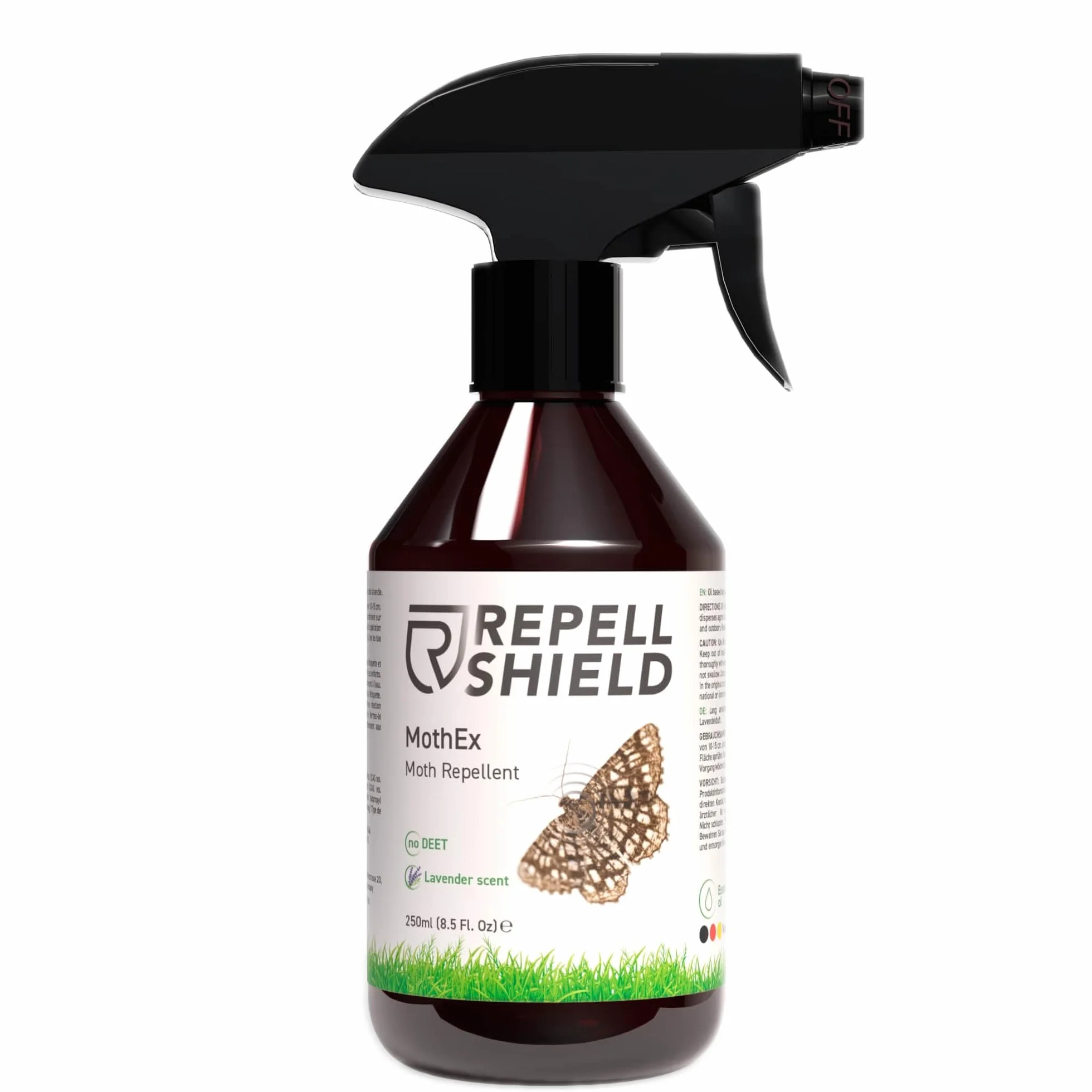 RepellShield Naturalny spray na mole -250 ml - delikatna ochrona przed molami geraniolowymi do szafy na ubrania i alternatywa dla pułapek na mole odzieżowe - nie farbuje i nie pozostawia śladów