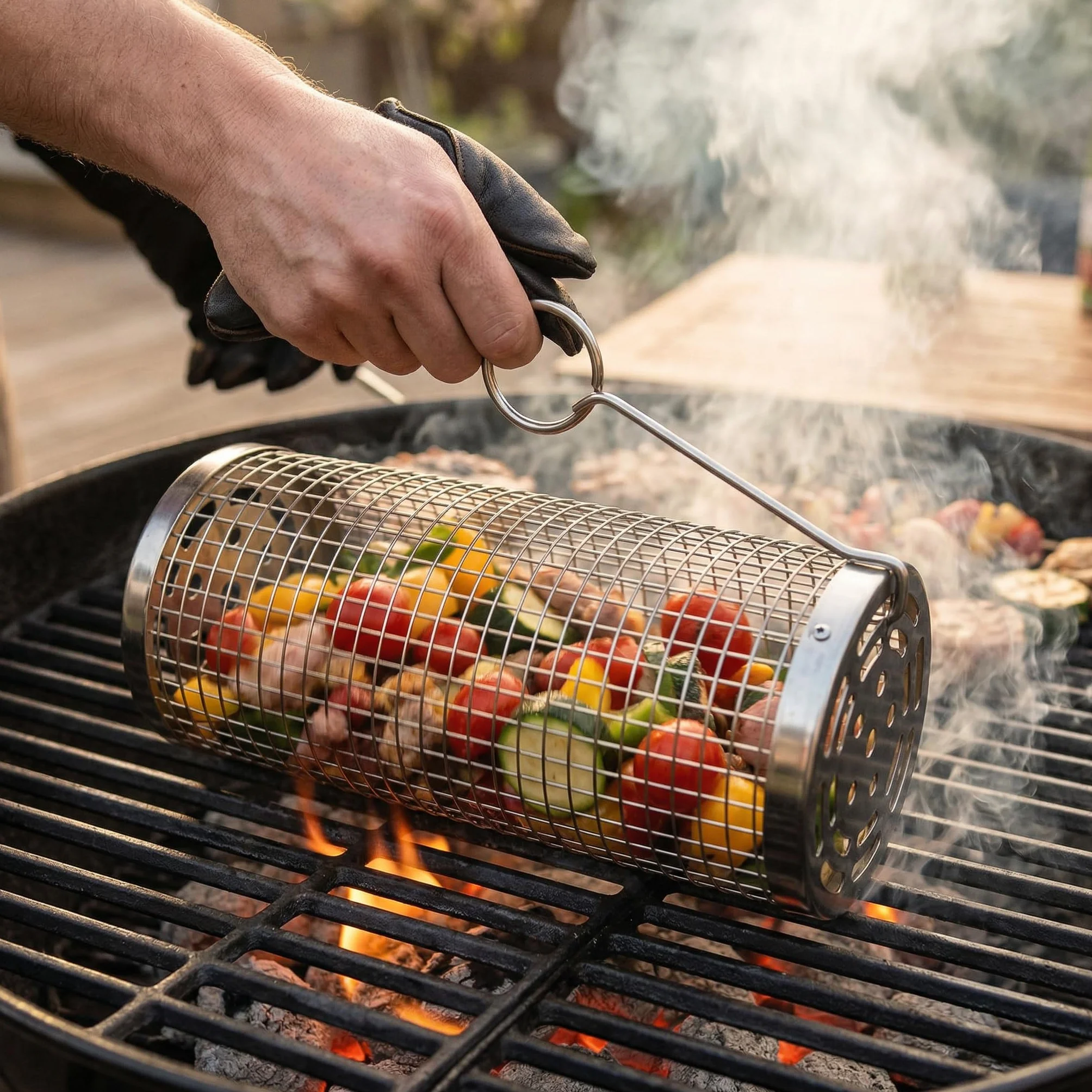 MIJOMA Walcowy kosz do grilla 9 x 20 cm – cylindryczny kosz do grilla ze stali szlachetnej – do warzyw, krewetek i małych składników grillowych podczas grillowania na BBQ, kempingu i grillowania na