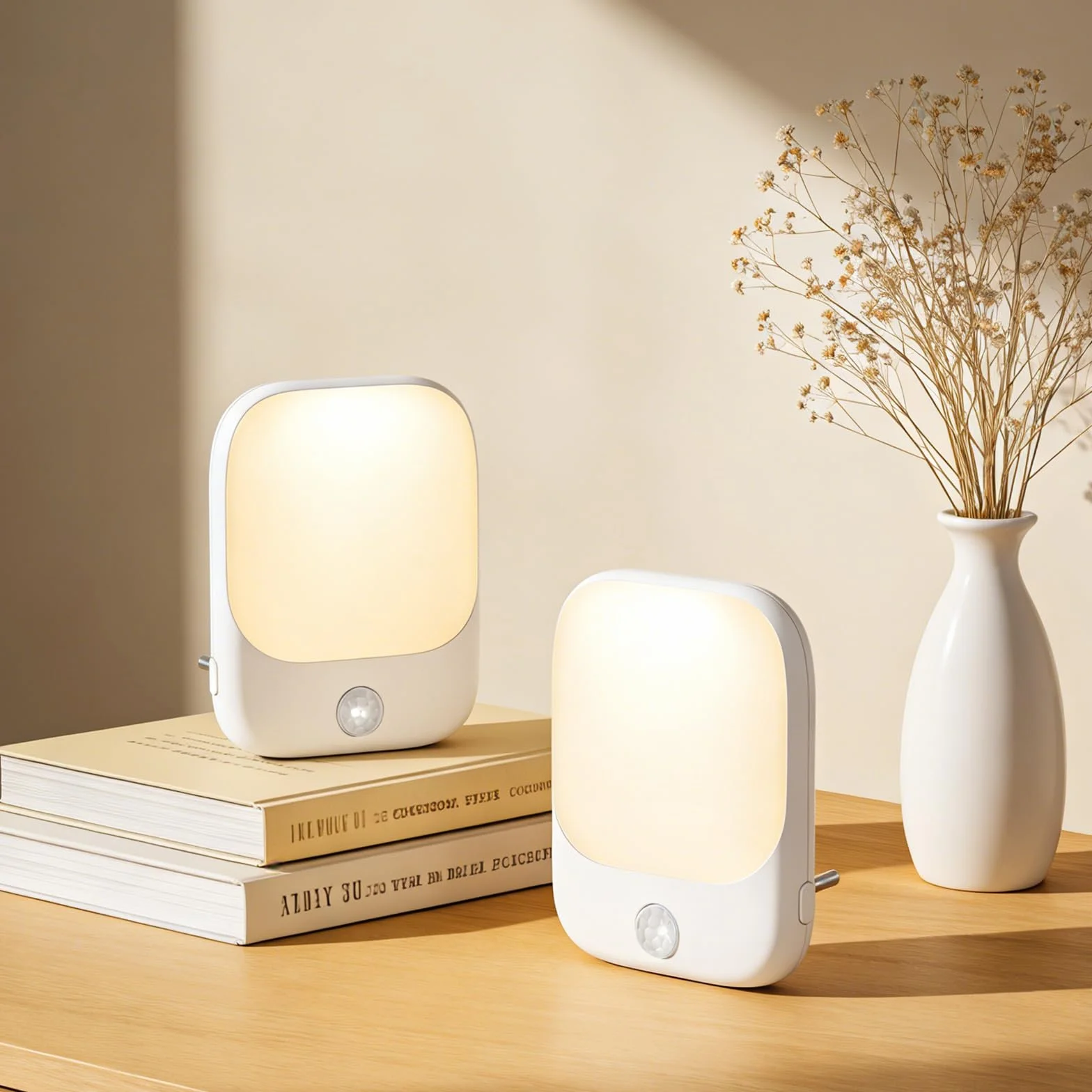 ORIA Lampka nocna z czujnikiem ruchu, 2 sztuki lamp wtykowych, 5 regulowanych jasności, tryb ON/AUTO/OFF, lampka nocna LED do pokoi dziecięcych, sypialni, schodów, kuchni - ciepła biel