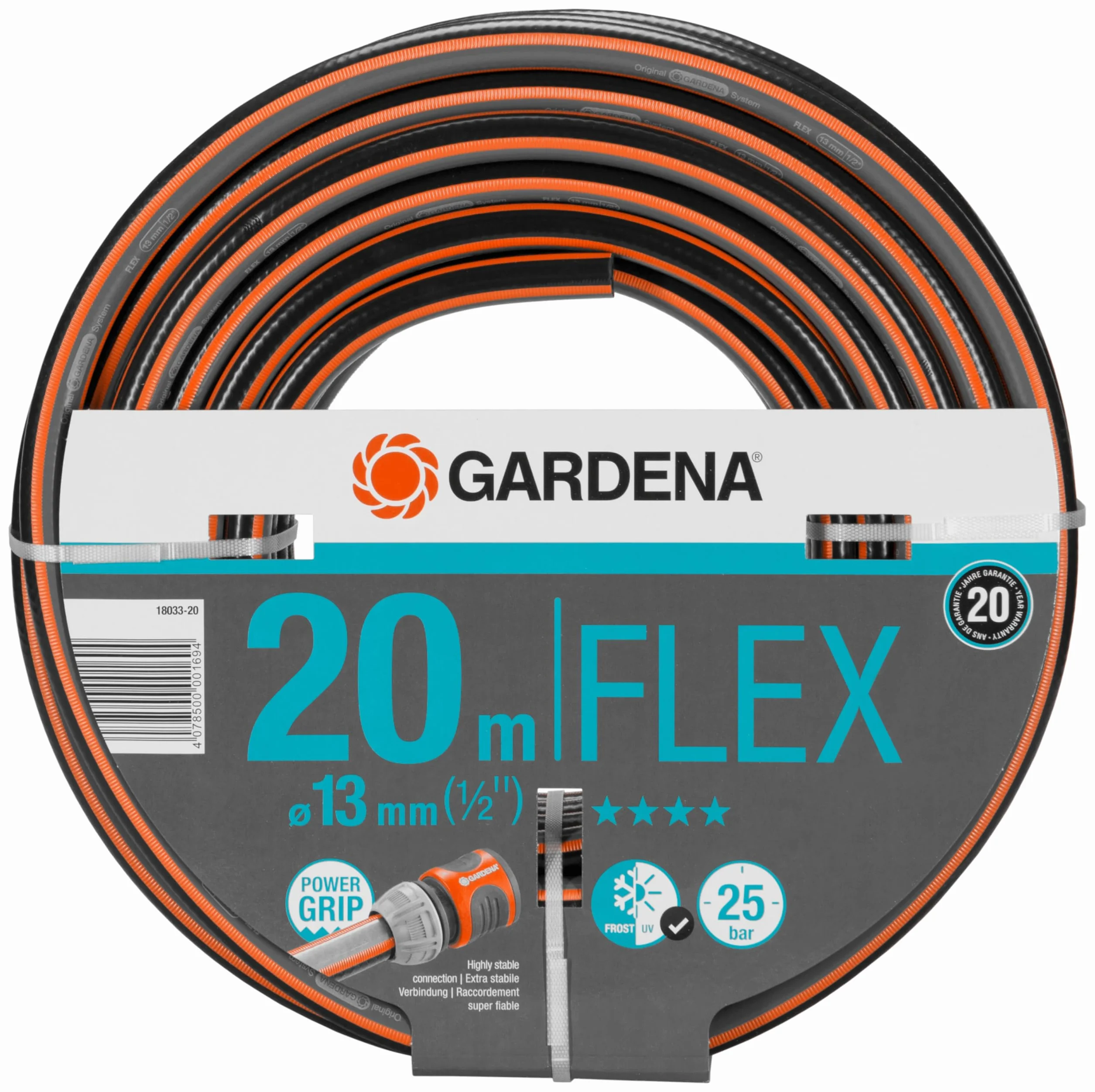Gardena Comfort FLEX wąż 13 mm (1/2"), 20 m: odporny na odkształcenia wąż z profilem Power Grip, wysokiej jakości oplot spiralny, ciśnienie rozrywające 25 barów, bez elementów systemowych (18033-20)