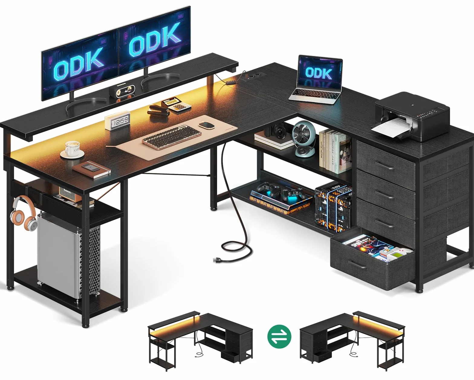 ODK Dwustronne Biurko Narożne z Szufladami, L-kształtny Stół Roboczy z 2 Gniazdami i 2 Portami USB oraz Oświetleniem LED, do Domowego Biura (155×110cm, Czarny)