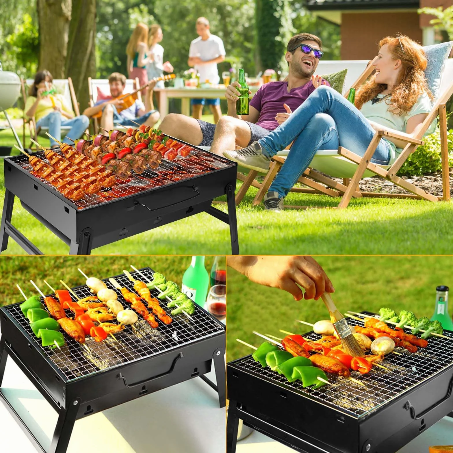 Auauraintt Kompaktowy Mini Grill BBQ - na węgiel drzewny, przenośny i składany, grill stołowy, grill kempingowy, grill piknikowy, do pikniku, ogrodu, tarasu, kempingu, podróży