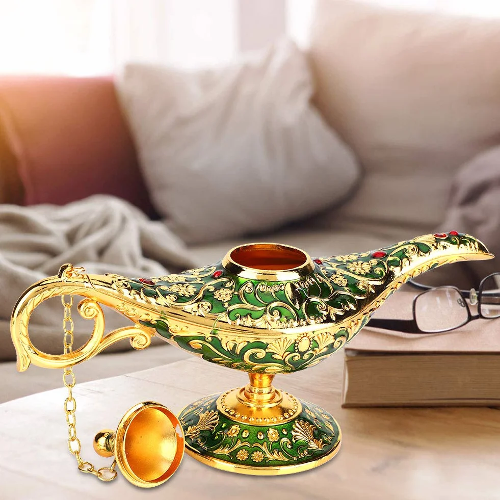 Vintage Collectable Rzadka legenda Aladdin Magic Genius lampy kadzidła palnik Aladdin wspaniała lampa olejna arabska genialna lampa genialna lampa do dekoracji stołu w domu i (zielona)