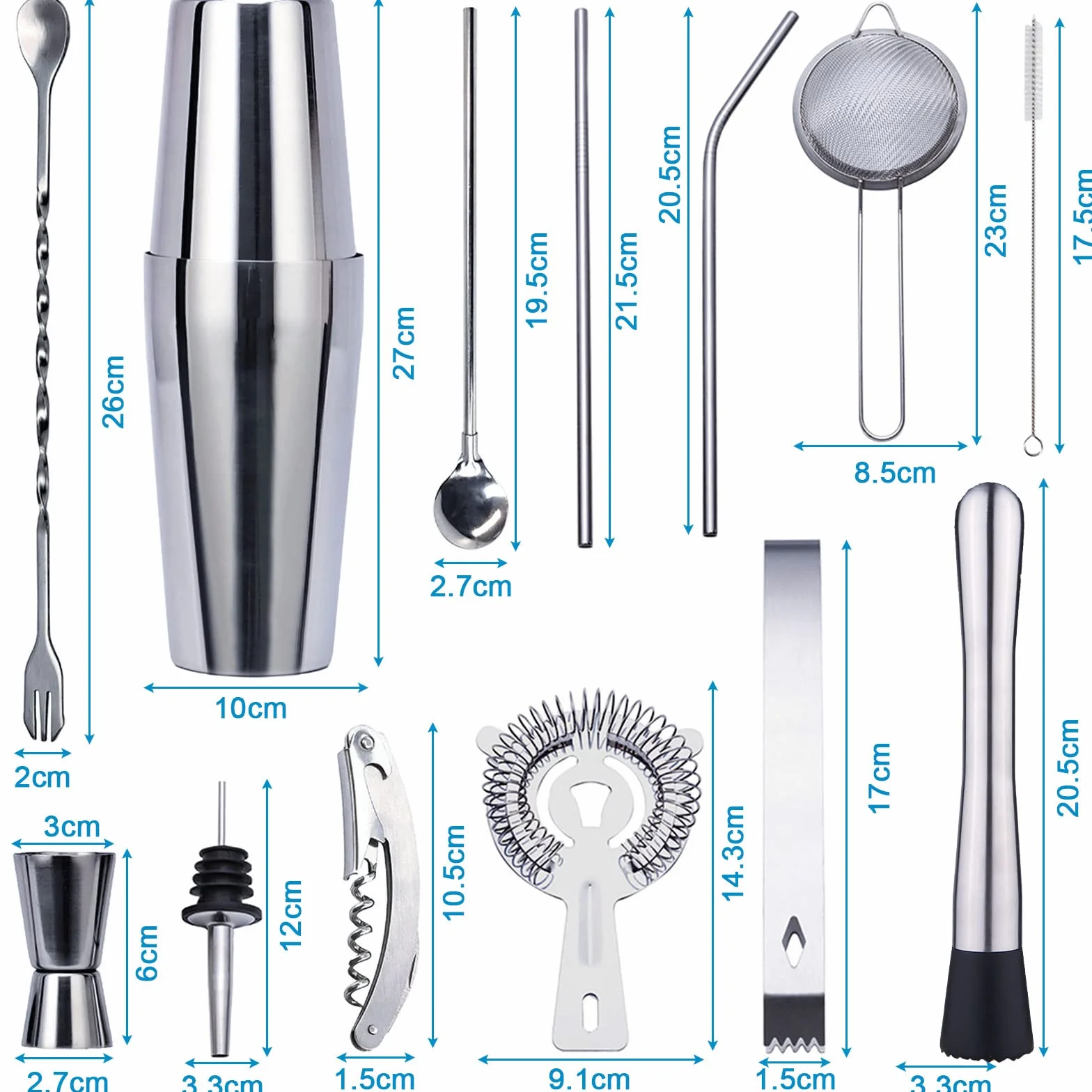Shaker do koktajli ze stali nierdzewnej, 750 ml/600 ml, profesjonalny zestaw, 20-częściowy zestaw shakerów do koktajli, zestaw barmański z akcesoriami, zestaw prezentowy, narzędzie barowe, z