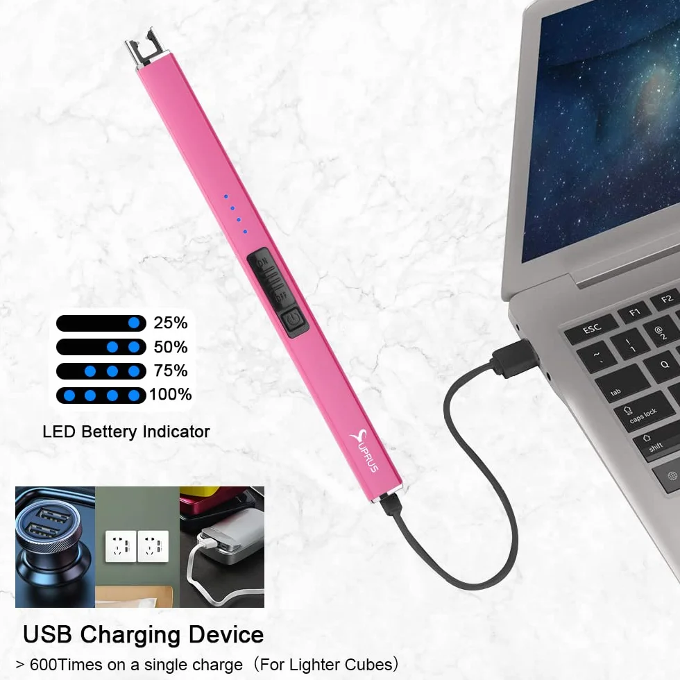 Suprus Zapalniczka świecąca w ciemności, elektryczna zapalniczka do świec, zapalniczka łukowa USB z blokadą zabezpieczającą, wiatroodporna, bezpłomieniowa (różowa)