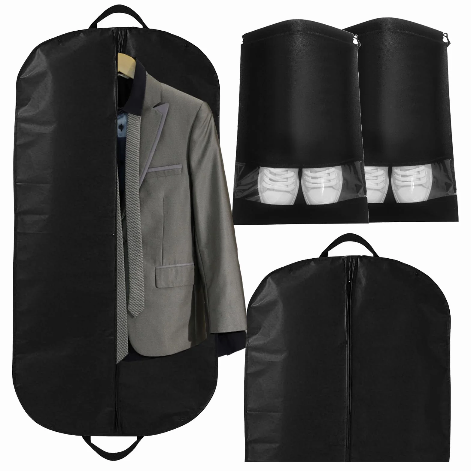 2 sztuki worków na ubrania z 2 workami na buty, 120 x 60 cm, pokrowiec ochronny, długi, czarny worek na ubrania z zamkiem błyskawicznym do przechowywania, pokrowiec na ubrania