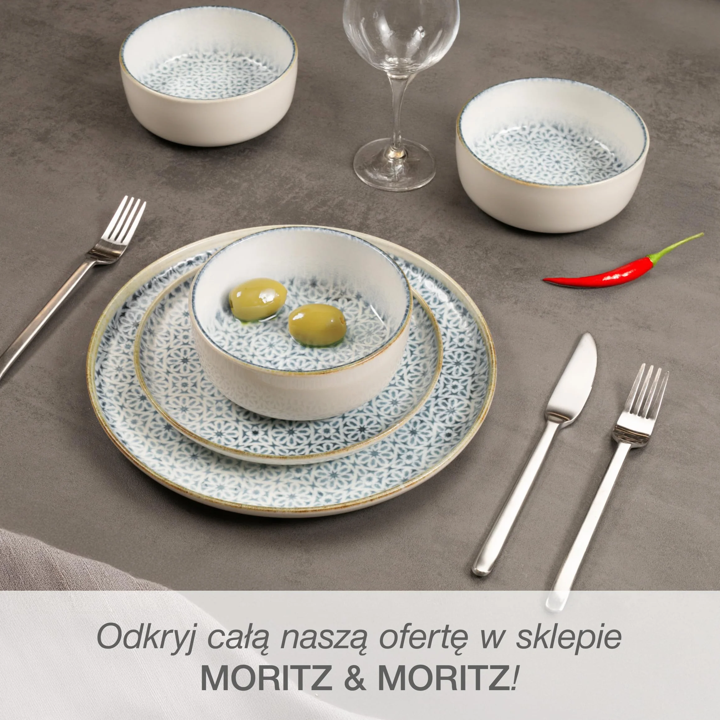Moritz & Moritz ALHAMBRA 18-częściowy zestaw naczyń dla 6 osób, z wysokiej jakości porcelany, nowoczesny serwis stołowy w kolorze niebieskim, łatwy w pielęgnacji, zestaw 6 talerzy obiadowych, talerzy