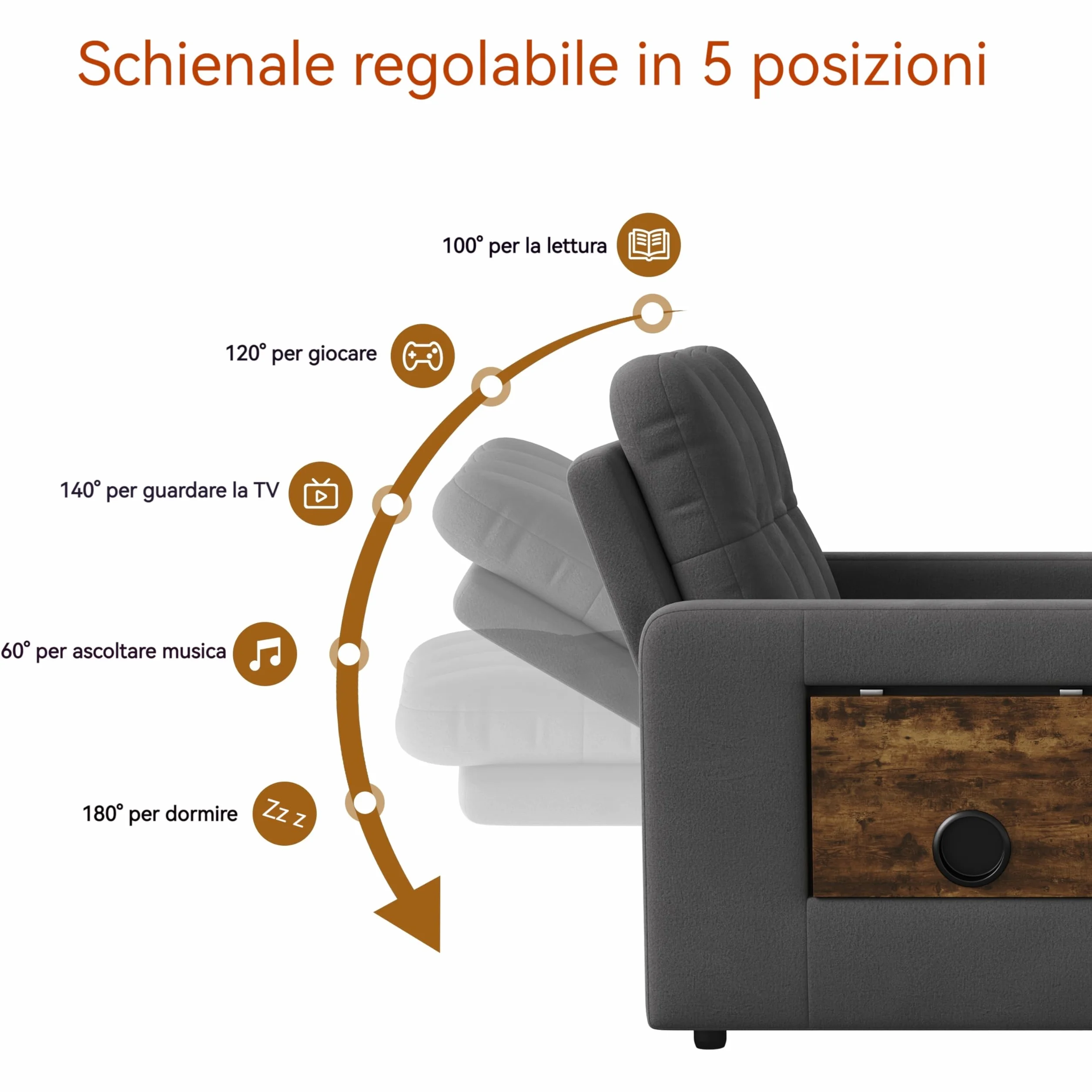 Fotel do spania 3 w 1, konwertowalne krzesło do spania z funkcją łóżka, rozkładana sofa ze składanymi stolikami do herbaty, pojedyncza sofa do spania, regulowany fotel z poduszką (szary, 190 x 108 x