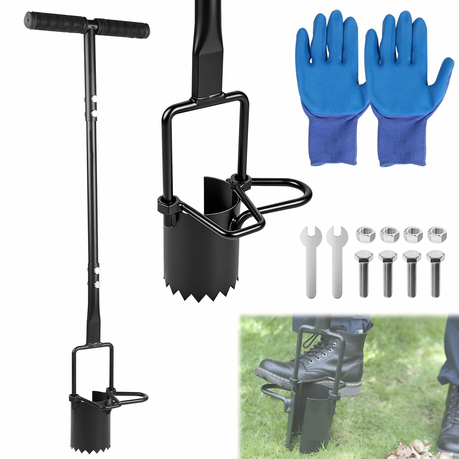 EXLECO Sadzarka do cebulek kwiatowych z uchwytem o długości 94 cm Glove, sadzarka do cebulek z podnóżkiem i krawędzią zębatą, narzędzie do sadzenia cebulek kwiatowych, pomoc w sadzeniu tulipanów