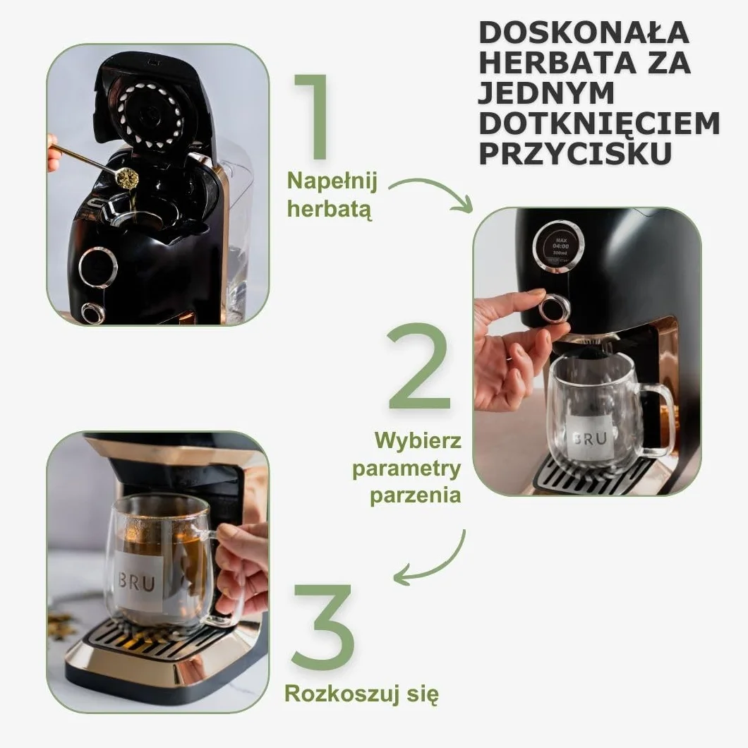 BRU Automat do herbaty sypkiej, ziół i torebek, herbata z dozownikiem gorącej wody i ekspresem, filtr wodny po naciśnięciu przycisku