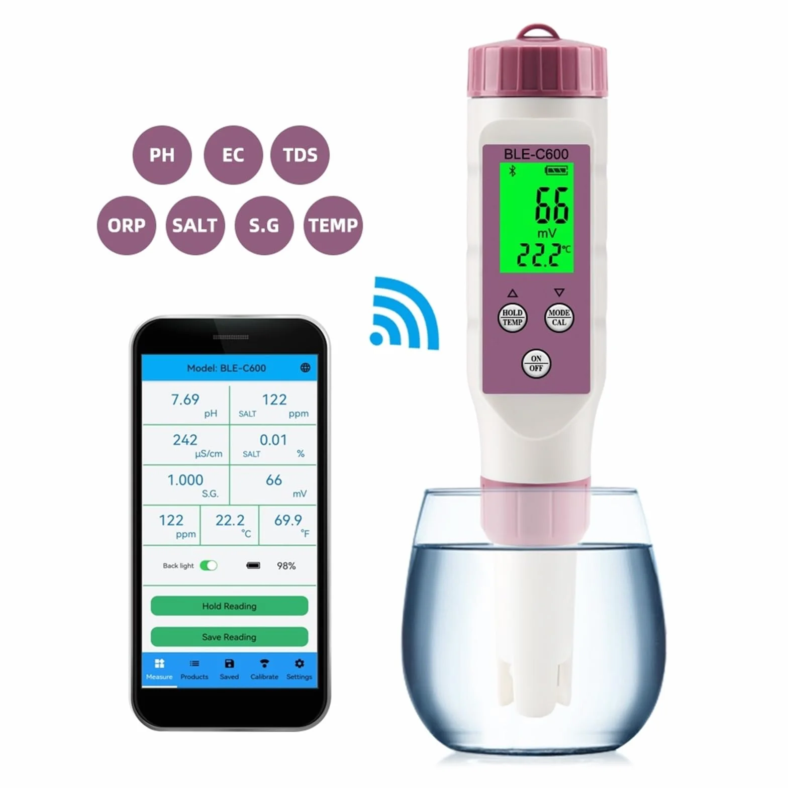 BLE-C600 Pióro Jakości Wody Kompatybilne Z Bluetooth 7 W 1 PH EC TDS ORP SALT SG Miernik Temperatury Aplikacja Inteligentny Tester Kontroli DokłAdny Pomiar