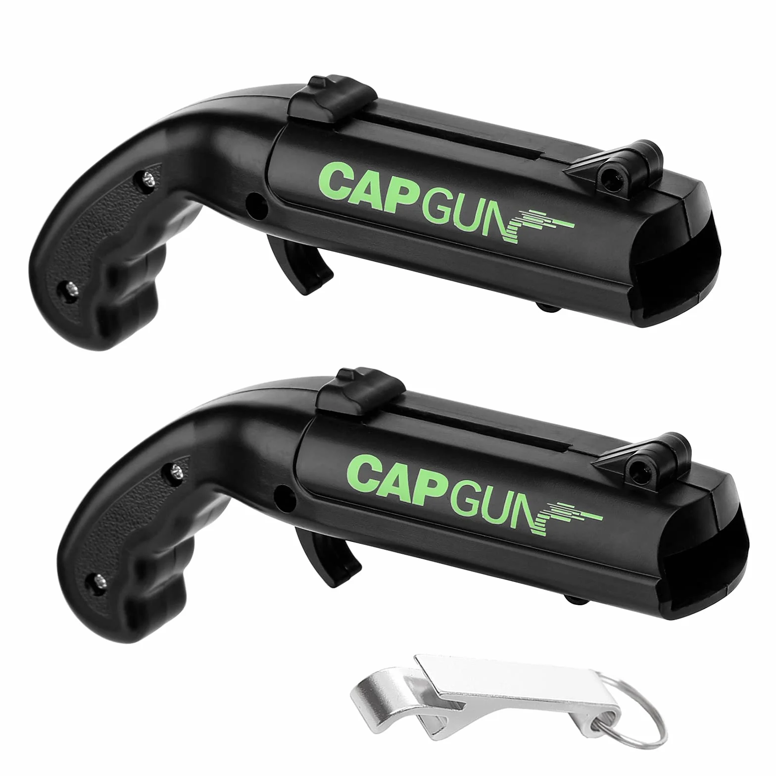 Cap Gun Otwieracz do butelek 2 opakowania otwieraczy do piwa, zabawny korek do butelki, dzbanek, pistolet na pokrywkę piwa do domu, baru, imprezy, drinka bożonarodzeniowego (czarny)