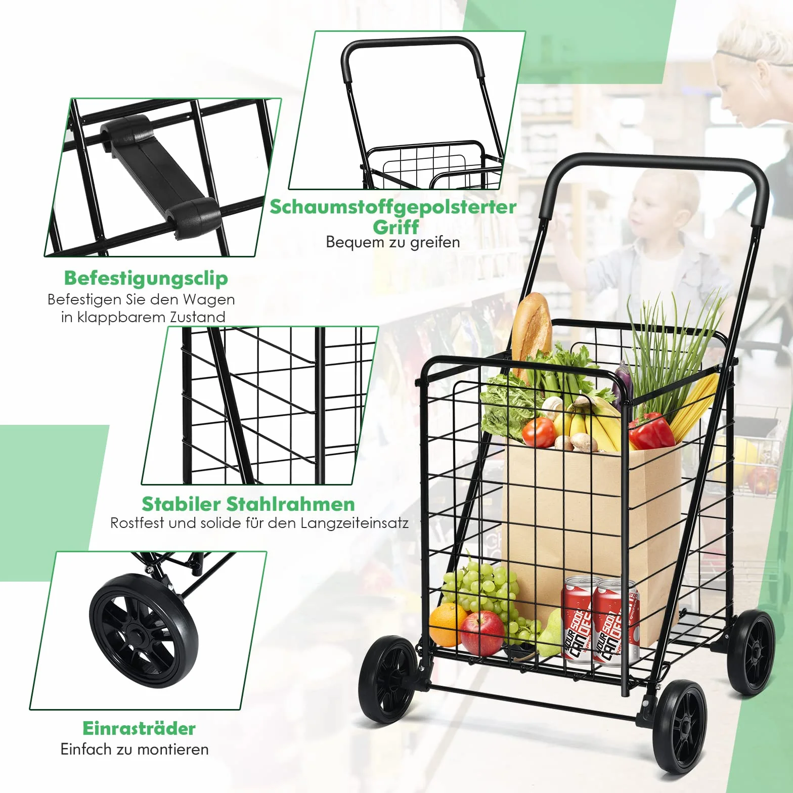 GOPLUS Składany wózek na zakupy, przenośny wózek transportowy o konstrukcji z wytrzymałej stalowej ramy z elastycznymi kołami i ergonomicznym uchwytem, składany wózek wielofunkcyjny do robienia