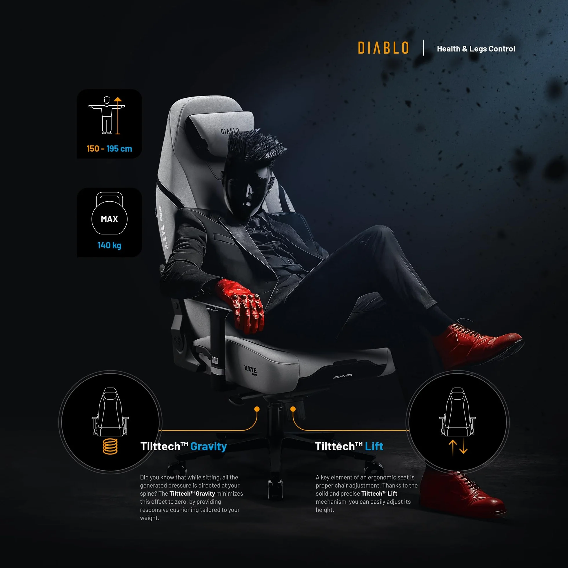 Diablo Fotel gamingowy X.Eye Prime Ergonomiczny Tkanina PC Fotel z Magnetycznym Zagłówkiem Funkcja chłodzenia Wytrzymały Tkanina 140 kg