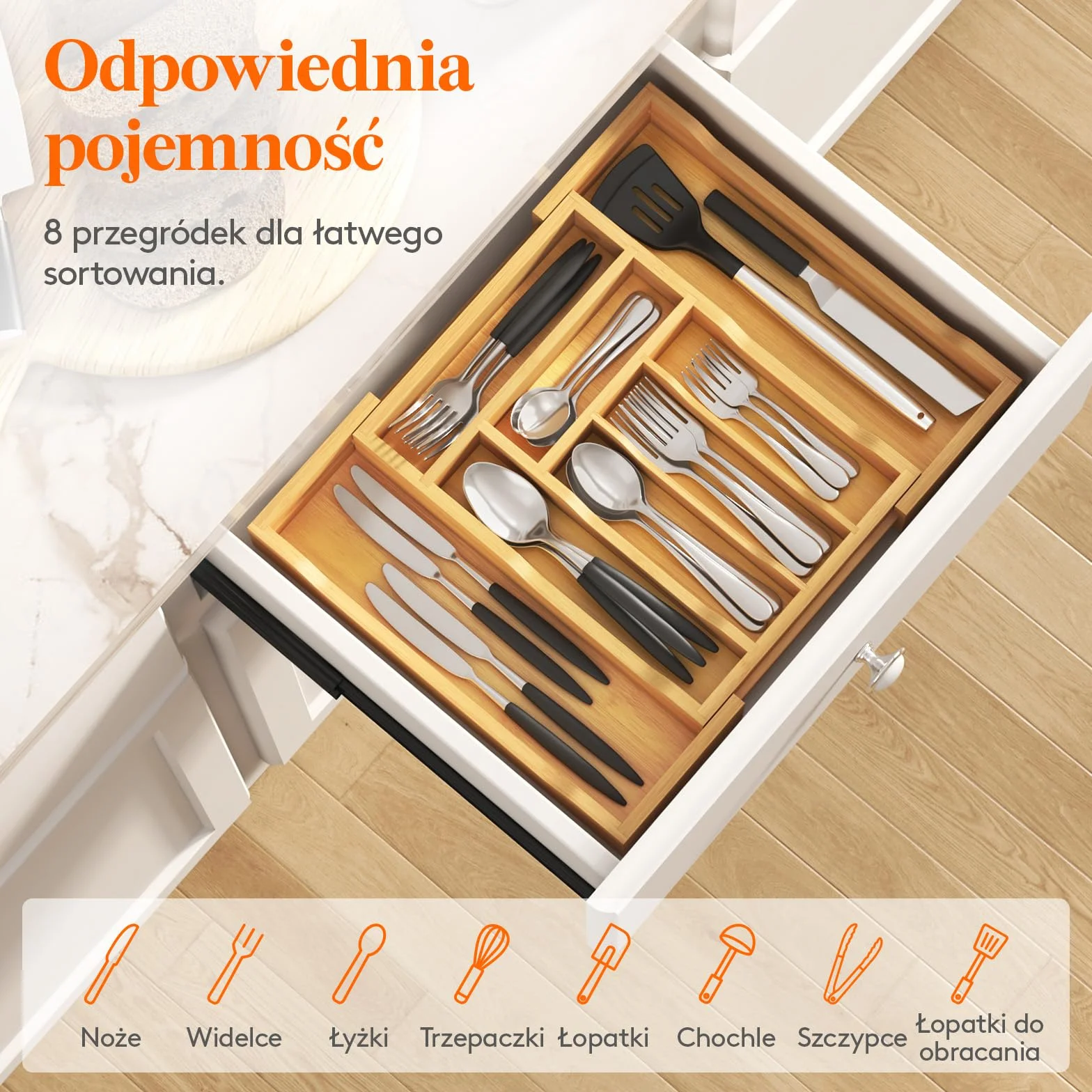 Lifewit Szuflada na Sztućce Bambusowa Wkładka 33 cm Głębokość 42 cm Szerokość