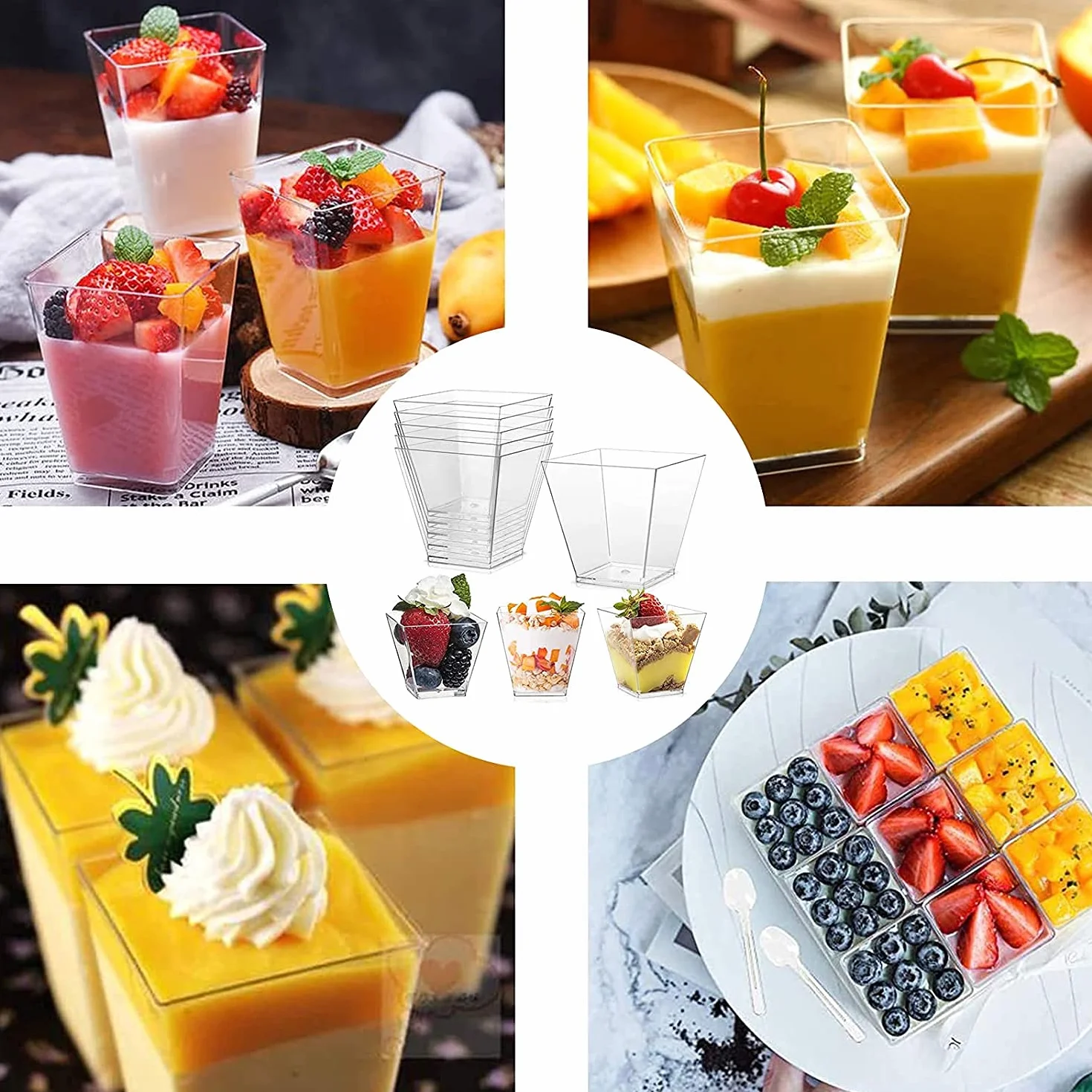 50 sztuk kubków deserowych z 50 łyżeczkami, zestaw 2 oz/60 ml, plastikowe kubki deserowe, wielokrotnego użytku, do domu, deserów, pikników, na imprezę