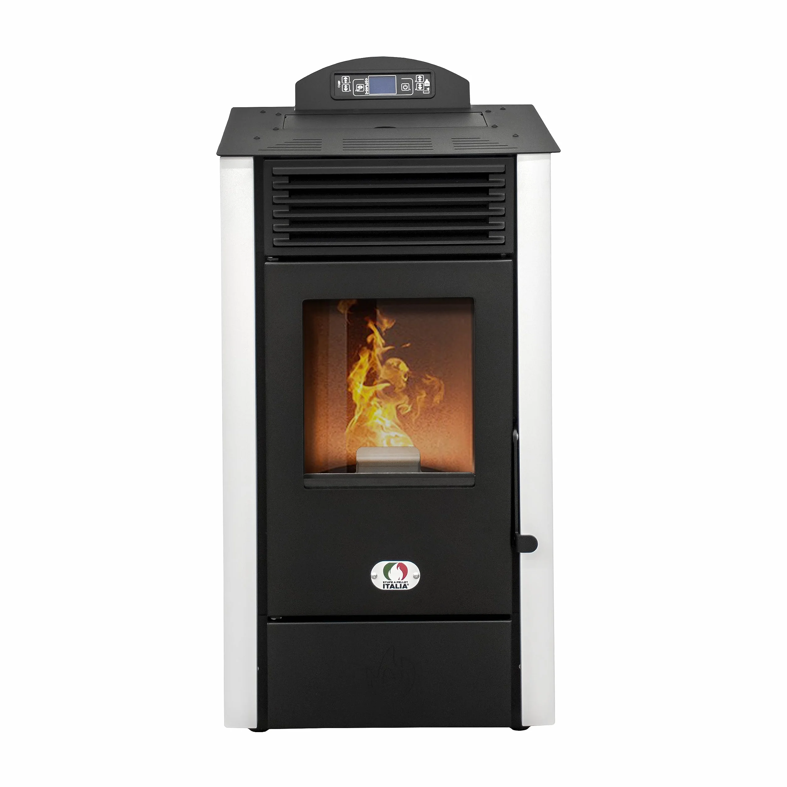STUFE A PELLET ITALIA California 8 kW, wydajność, 91% ogrzewanie, 70 m², czas pracy 20 h, programowalny 5 prędkości i mocy, kompaktowa konstrukcja, 24 miesiące, biały