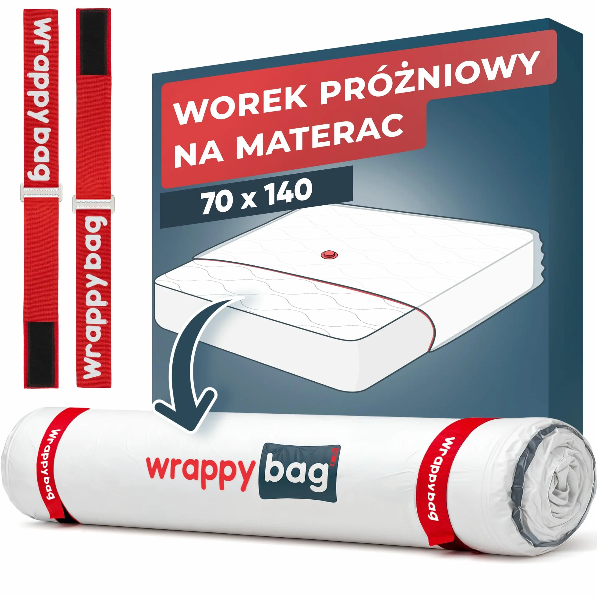 Wrappybag – Worek Próżniowy na Materac do Przeprowadzki 70x140cm – Kompletny Zestaw Wodoodpornego Pokrowca Próżniowego z Klipsami, Paskami na Rzep – Kompatybilny ze Wszystkimi Rozmiarami, Odkurzaczami