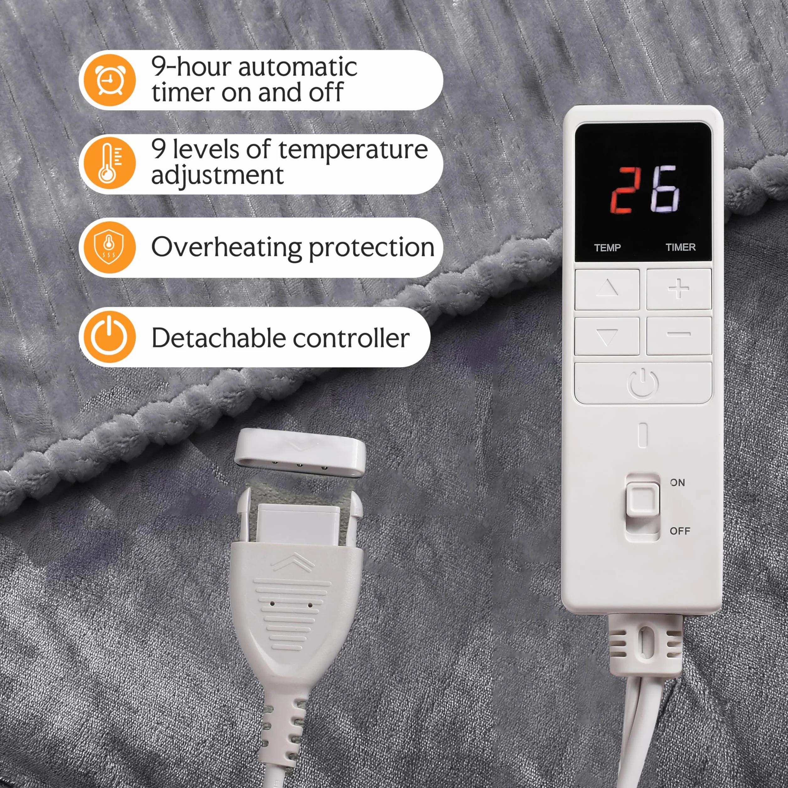 Elektryczny koc grzewczy pojedynczy 150x200cm – Puszysty flanelowy koc z pikowaniem, miękki i oddychający, 6 poziomów temperatury i 10-godzinny timer, elektryczny koc na zimne noce, szary
