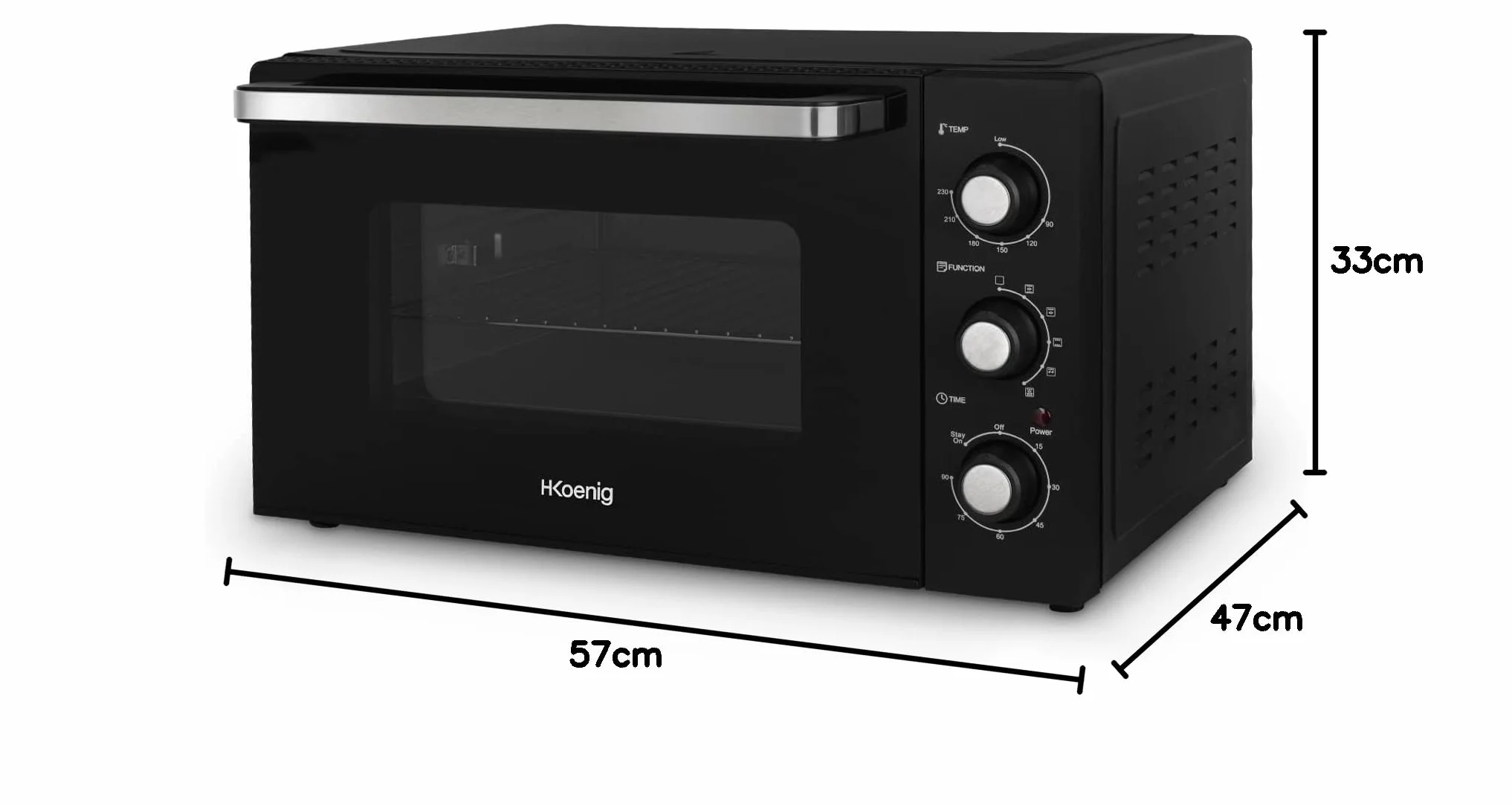Kompaktowy mini piekarnik FO42 H.Koenig, pojemność 42L, temperatura do 230°C, 5 trybów gotowania, timer do 90 min, ciepło obrotowe/pieczone, z szczypcami, podnośnikiem okruchów i gramofonem, 2000 W