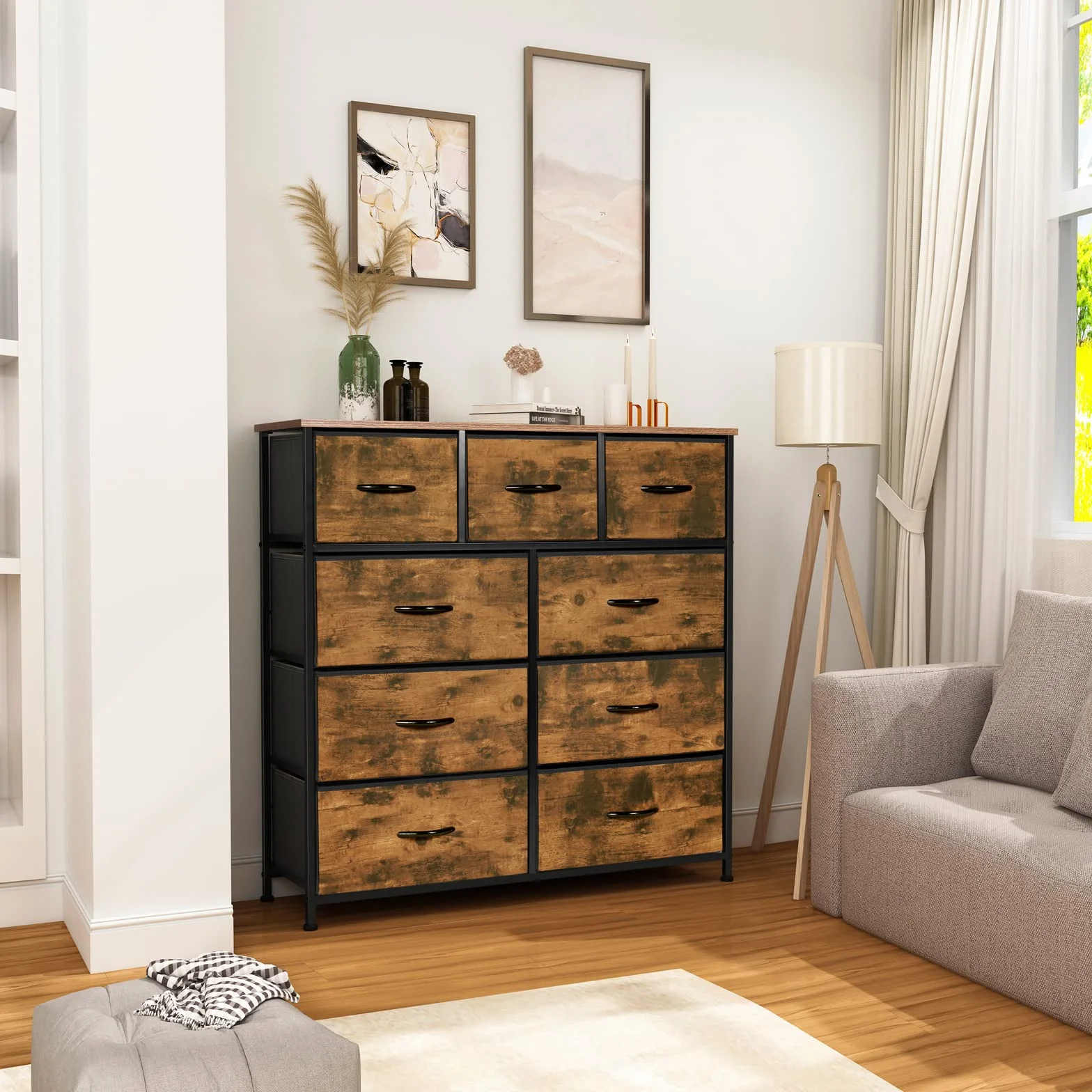 LYNCOHOME Komoda z 9 szufladami z tkaniny, komoda do sypialni, szafka, meble do sypialni, komoda z 9 szufladami, komoda do kuchni, biura, przedpokoju