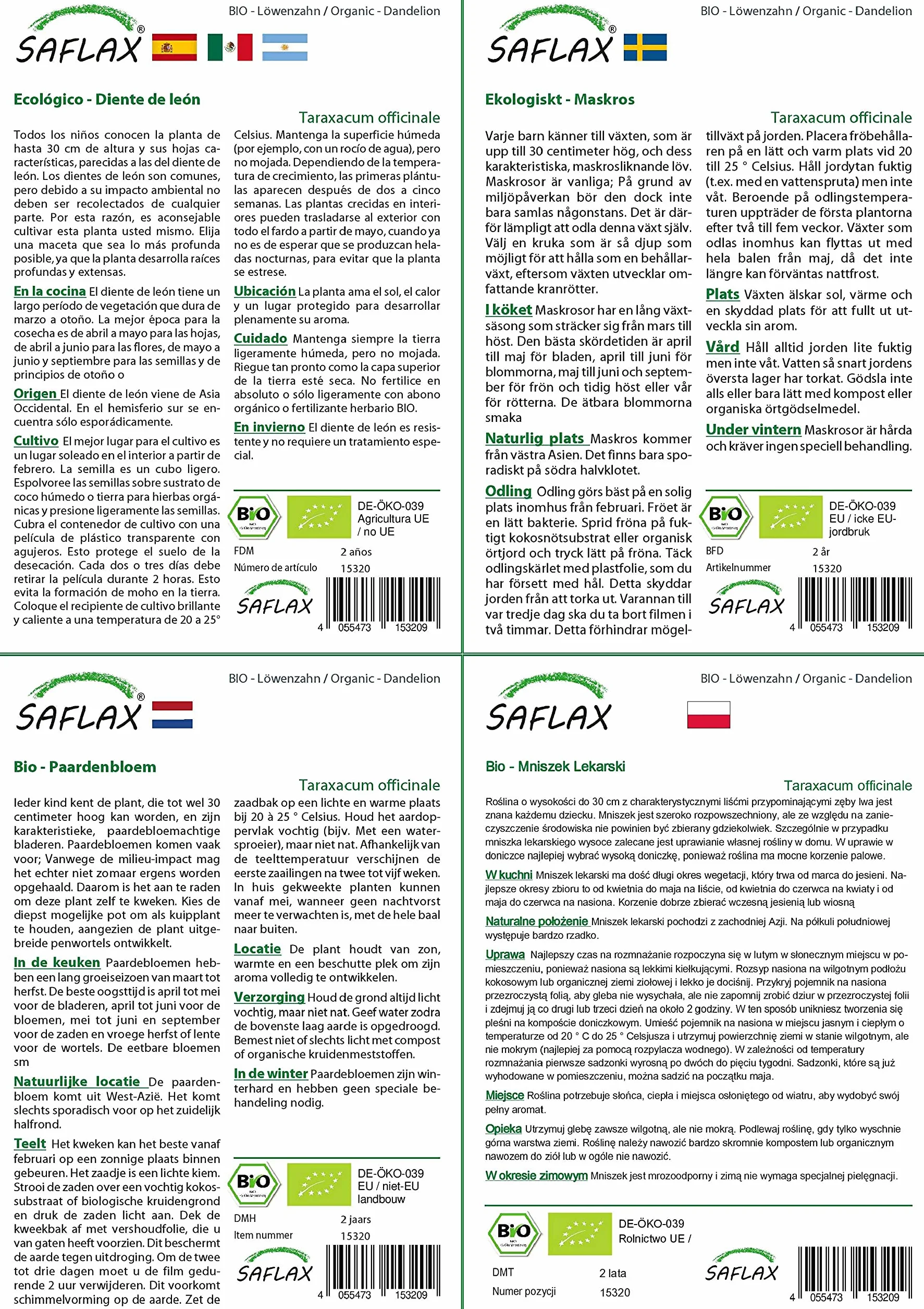SAFLAX - Bio - Mniszek Lekarski - 400 Nasiona - Taraxacum officinale