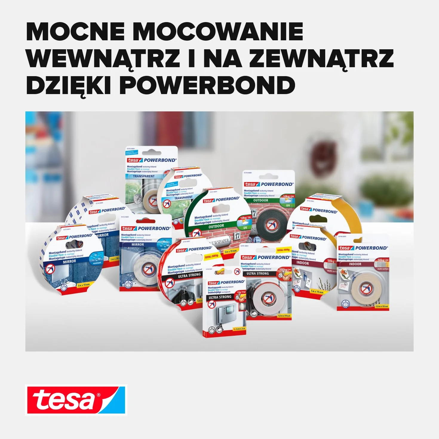 tesa Powerbond Dwustronna Taśma Montażowa, Uniwersalna Taśma Samoprzylepna do Wnętrz, Łatwa w Użyciu, Wymiary: 1,5 m x 19 mm, Biała