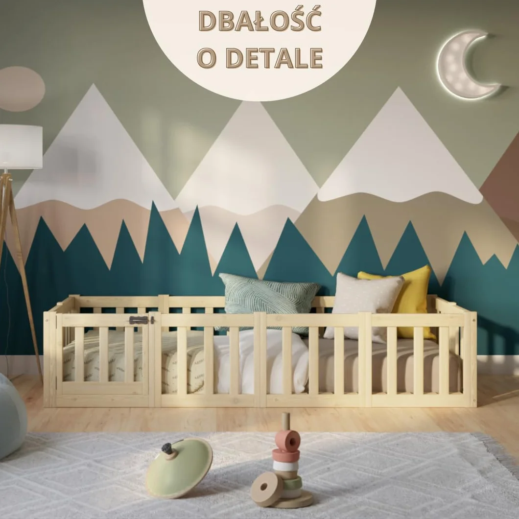 Łóżko dziecięce Crazy Johnny 180 x 90 cm – Montessori łóżko podłogowe z zabezpieczeniem przed wypadnięciem i otwieraną barierką - Bezpieczne dla najmłodszych - Łatwy montaż