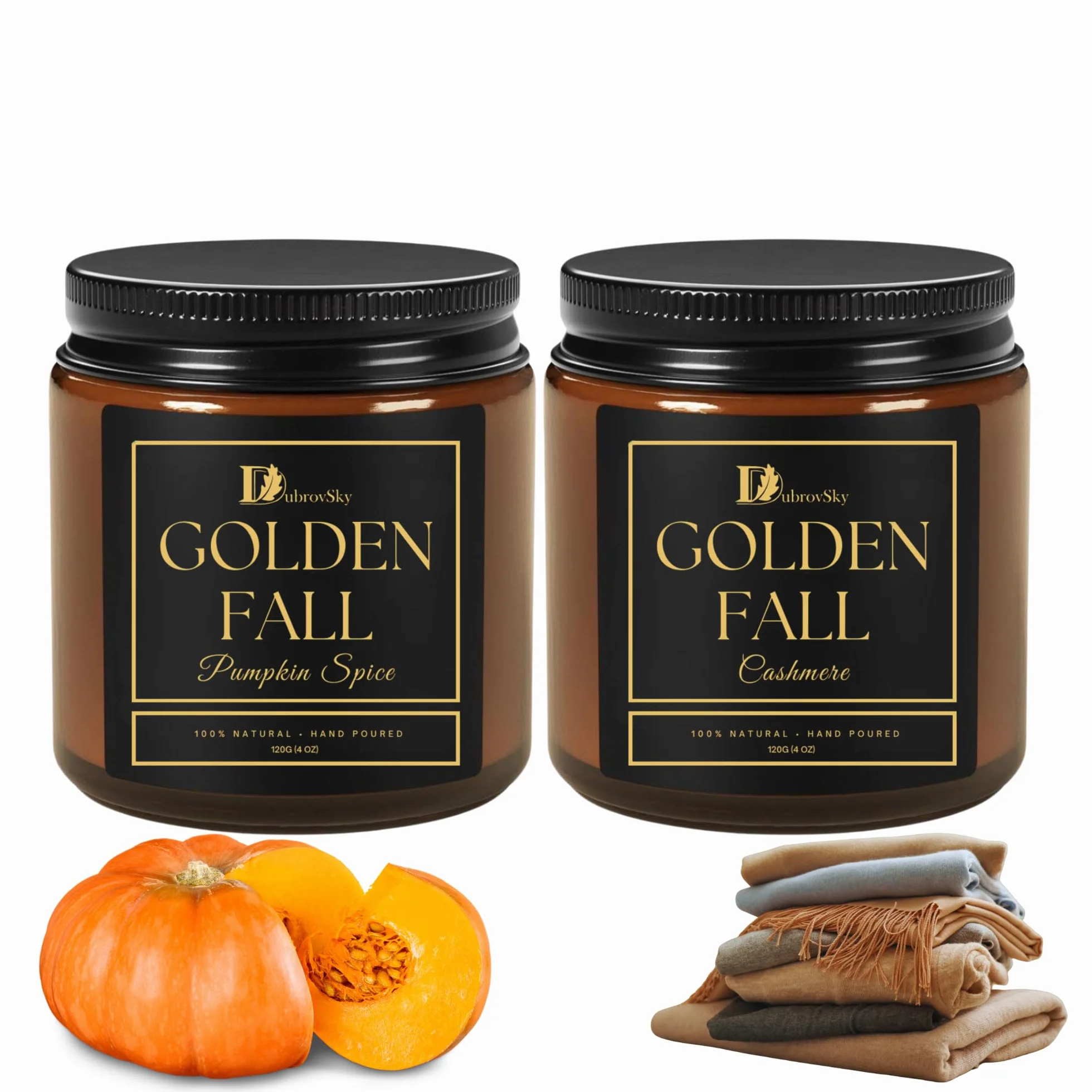 Ręcznie robione świece zapachowe zestaw "Złota jesień" – zestaw 2 szt. | Pumpkin Spice & Cashmere | świece aromatyczne w słoiku | zestaw upominkowy świec na jesień, zimę, do dekoracji i atmosfery