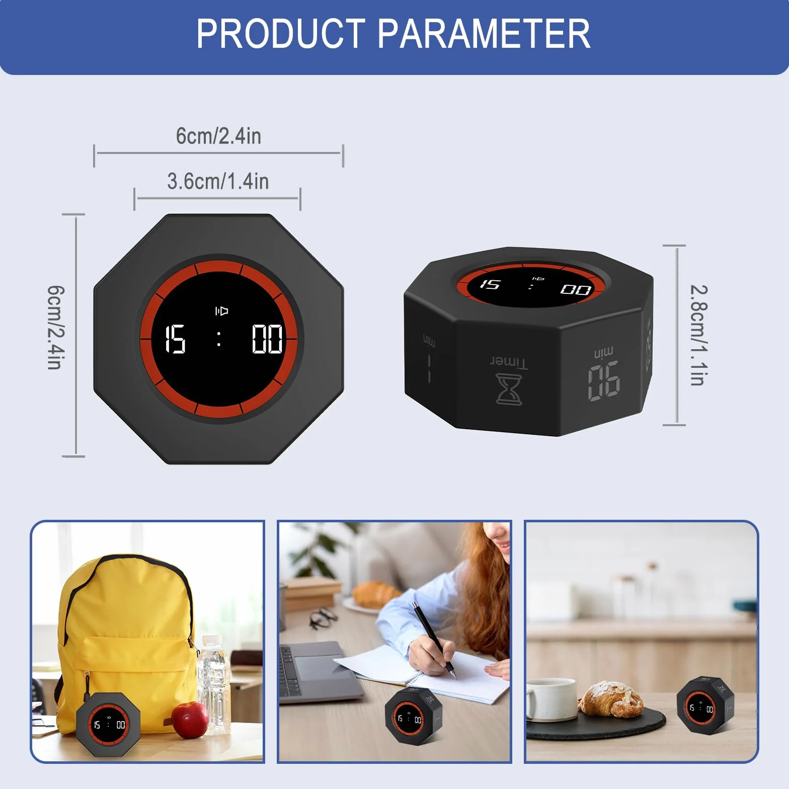 Timer kostkowy ośmiokątny Pomodoro 1-90 minut odliczanie LCD regulowany alarm czarny