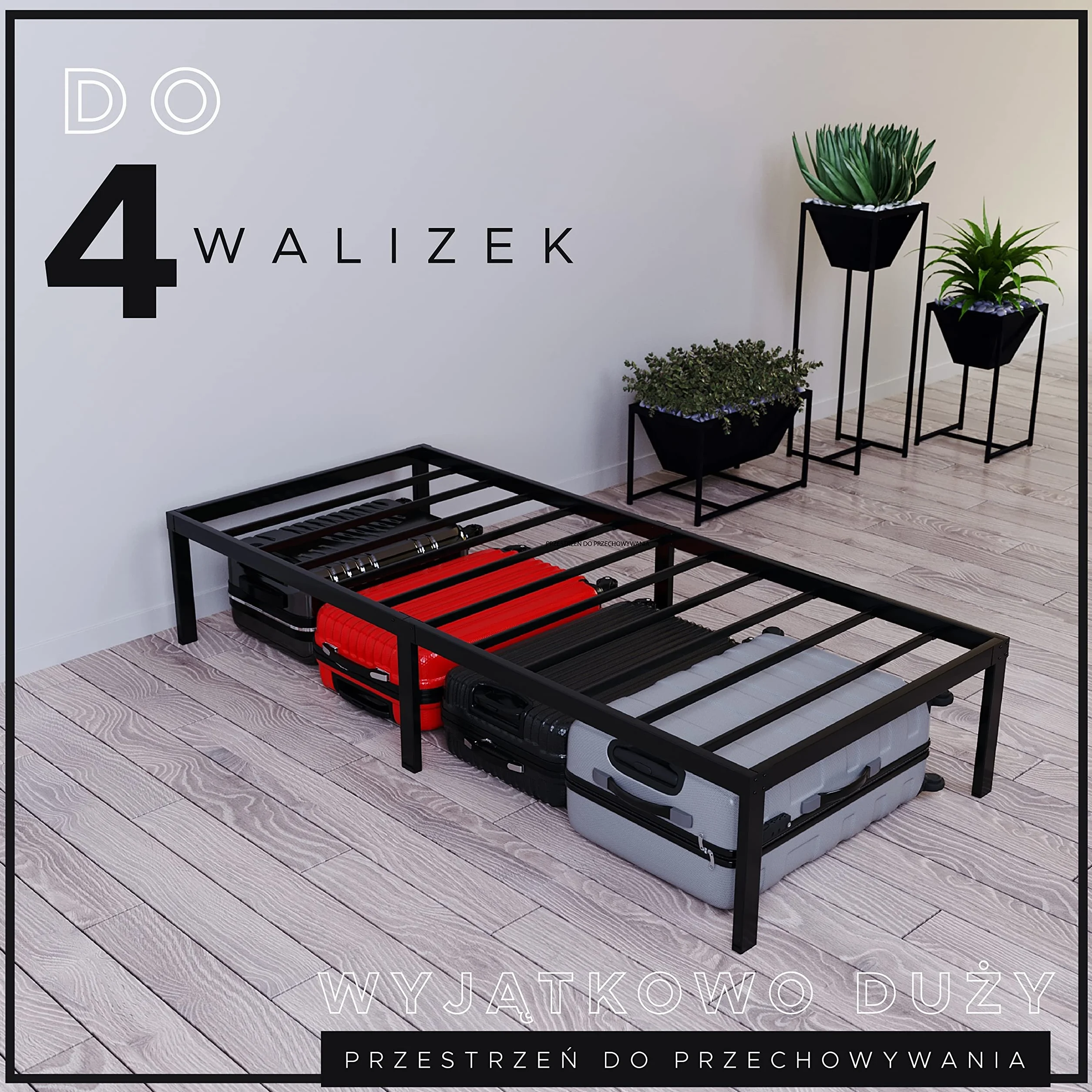 Dreamzie metalowe łóżko – Dla Materaca 90x200 cm - łóżko do materaca, podwójne, wytrzymałe, łatwy montaż, obszerne miejsce do przechowywania – czarny stelaż