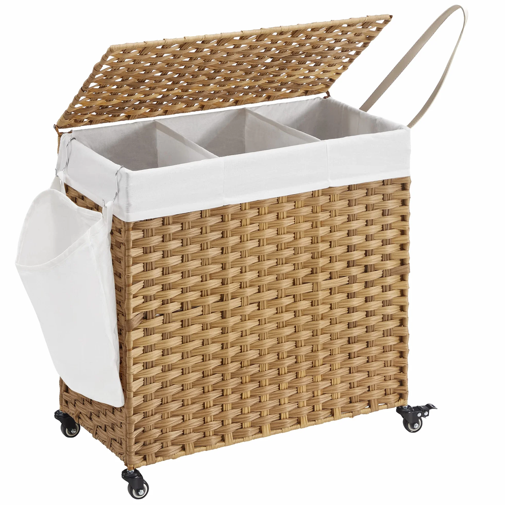 SONGMICS Ręcznie tkany kosz na bieliznę, 140 l, imitacja rattanu, 3 części, zdejmowana torba, pokrywa, uchwyty, łatwy montaż, salon, łazienka, 66 x 33 x 60 cm, kolor drewna LCB363N01