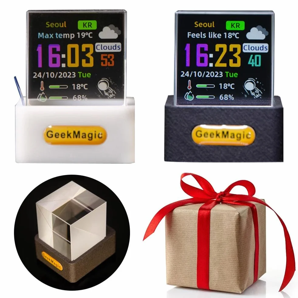 GeekMagic Mini wyświetlacz 3D z hologramem elektroniczny, kryształowy zegar WiFi, wyświetlacz kostki, konfigurowalny, pogoda w czasie rzeczywistym, zapasy, stawka, bitcoin