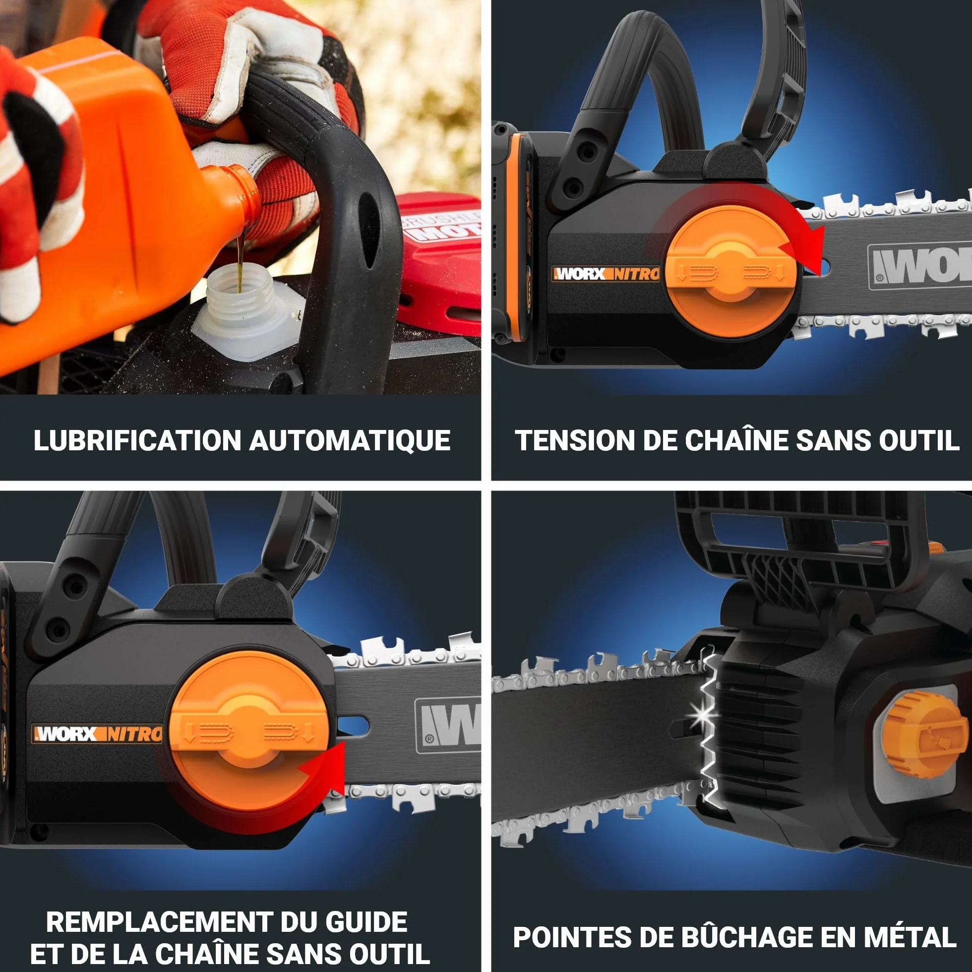 WORX WG350E Nitro profesjonalna akumulatorowa piła łańcuchowa 20 V – wydajna piła do drewna – długość cięcia 10 m/s – 30 cm – kompaktowa i bezpieczna – automatyczne smarowanie – łatwe napinanie