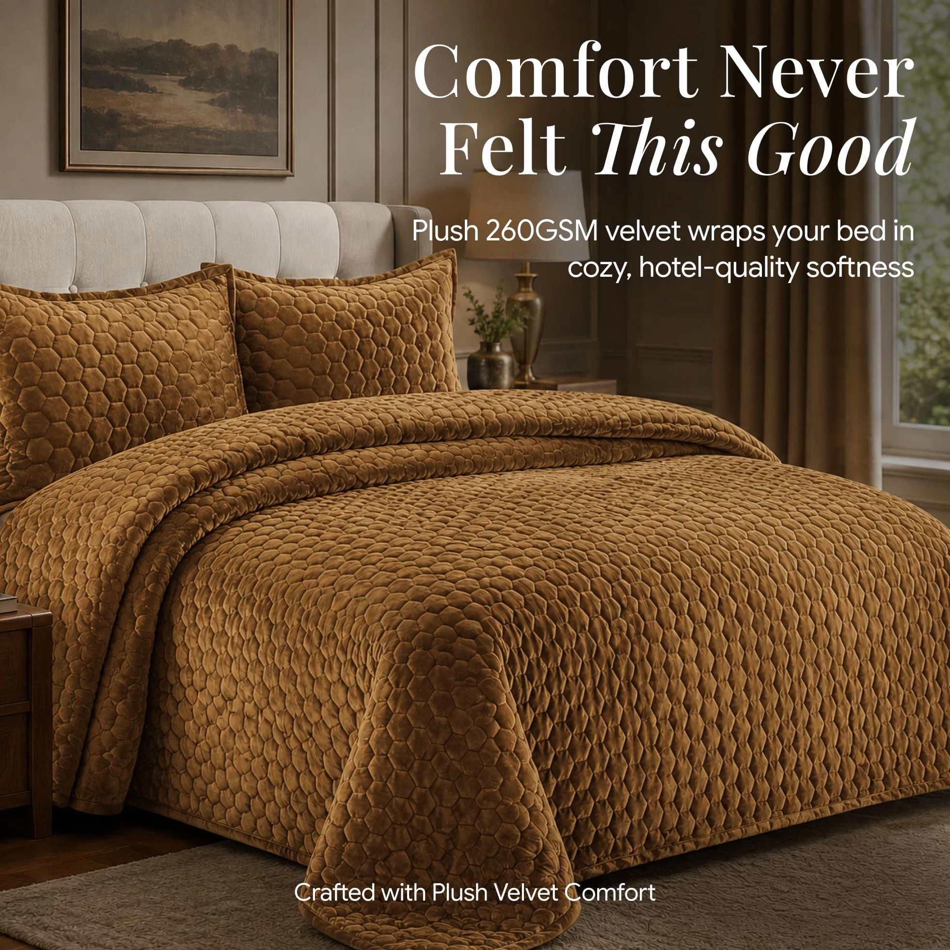 Tribeca Living Velvet Twin Quilt, Two-Piece Honeycomb Stitch Bedding Set Includes One Oversized Quilt & Sham Pillowcase, 260GSM Super Soft Velvet, Lugano/Camel