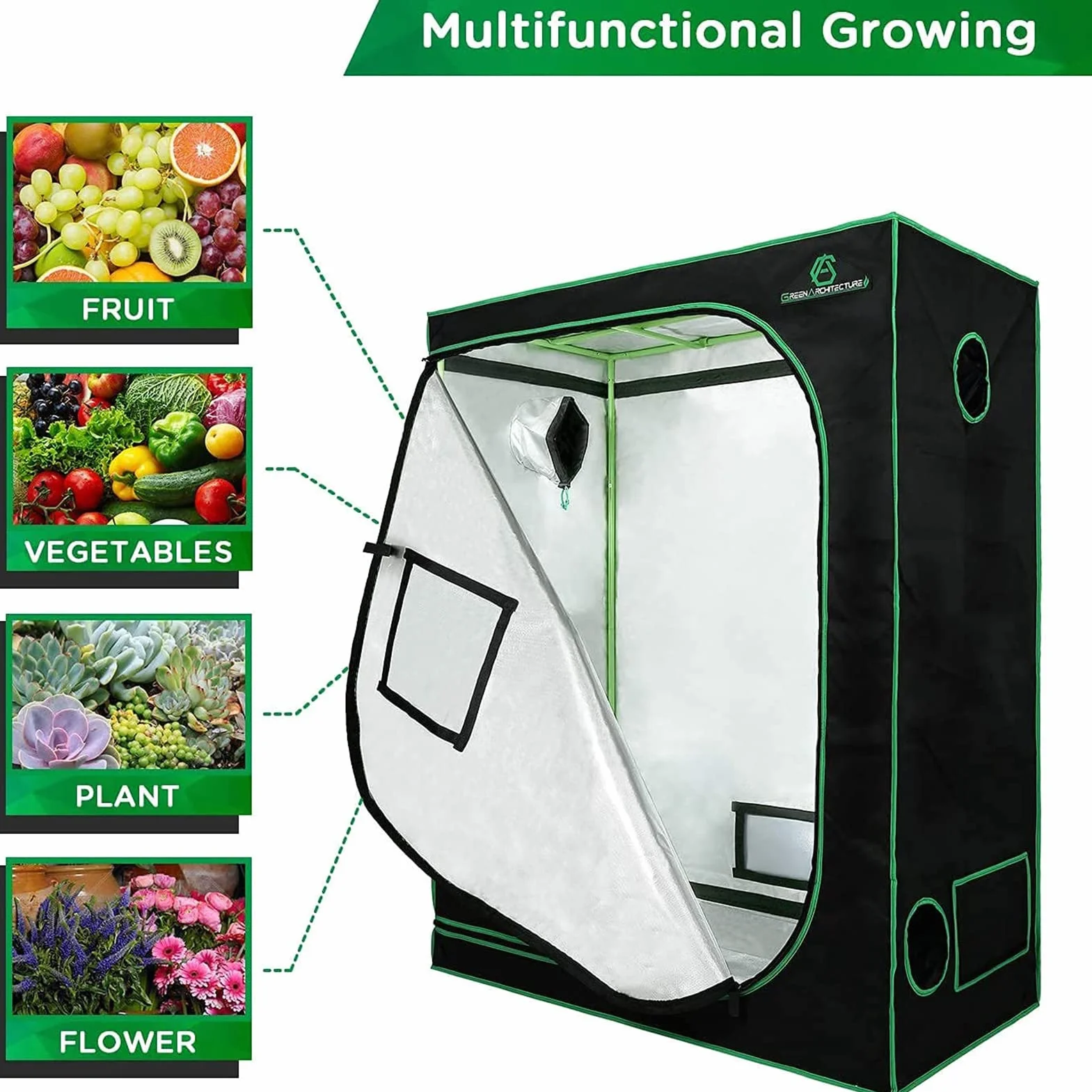 GA Grow namiot do uprawy 60 x 60 x 120 cm, odblaskowy namiot do uprawy hydroponicznej mylaru, z oknem obserwacyjnym i wodoodporną tacą podłogową do uprawy roślin w pomieszczeniach, 50 x 5 cm