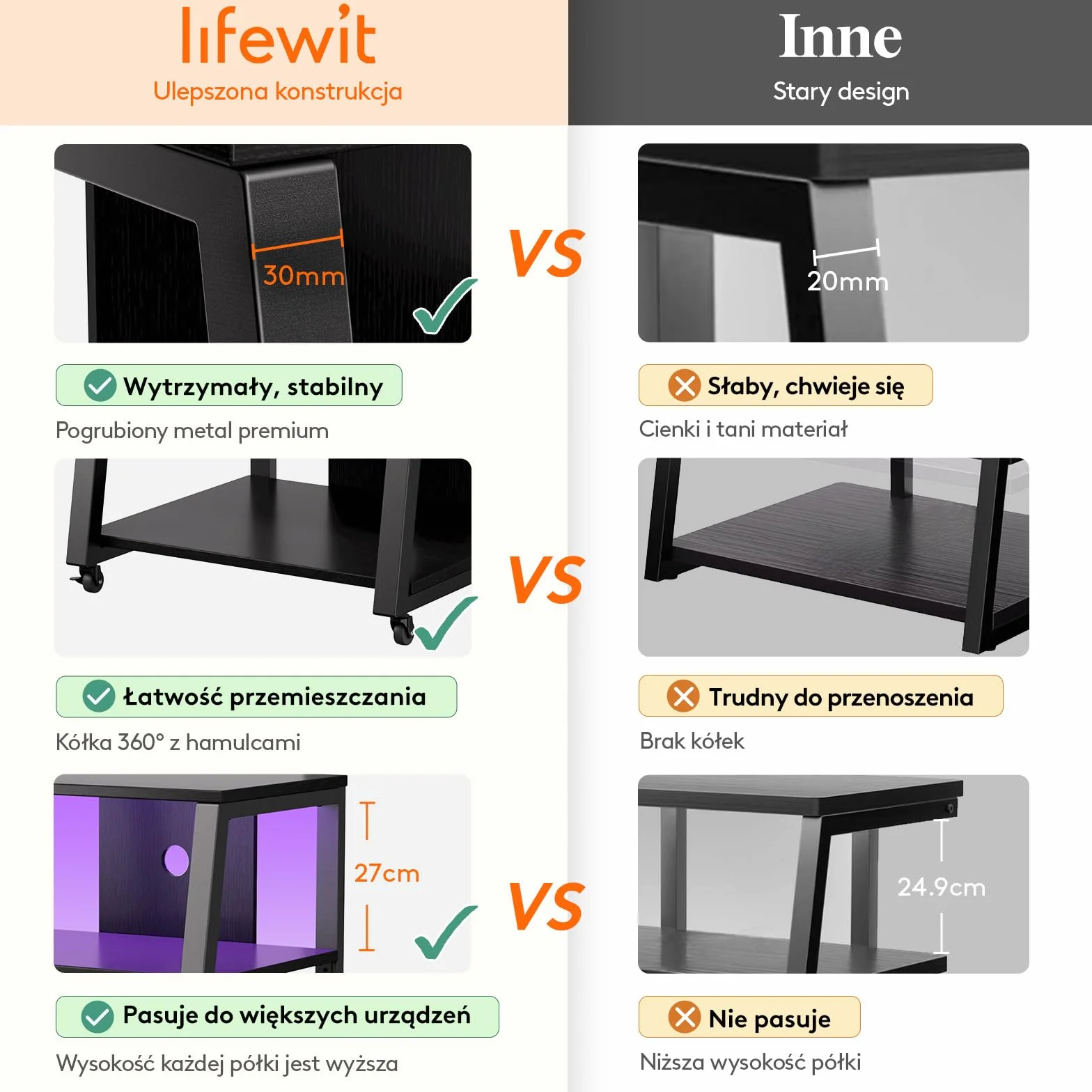 Lifewit 4-stopniowy regał HiFi z kółkami i regulowaną półką, stół gramofonowy z listwami zasilającymi i diodami LED, stojak na media AV, do salonu, 60 x 55 x 90 cm, rustykalny brąz