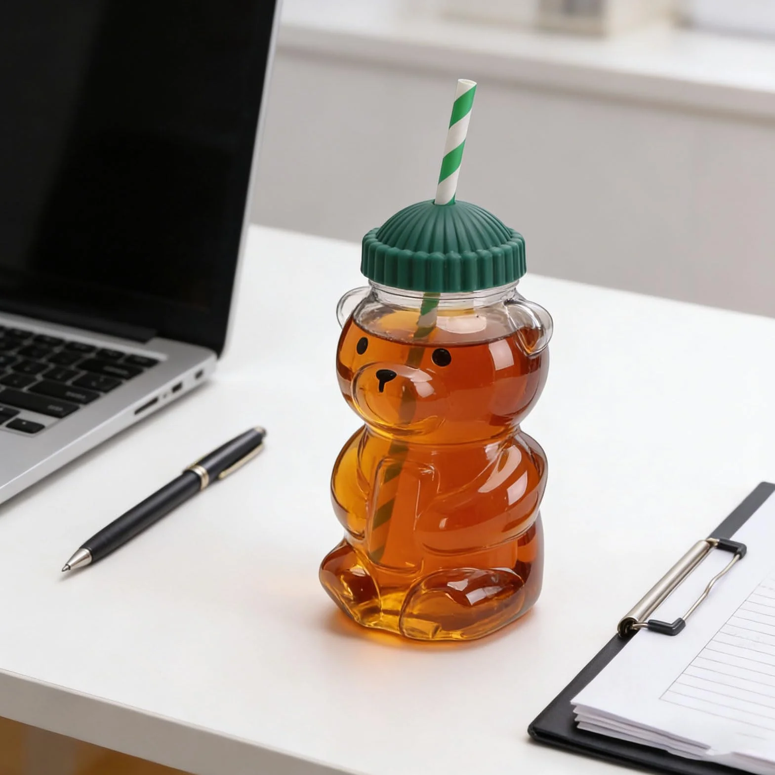 Wakects Kubek Miś 3D, Przezroczysty Kubek do Picia ze słomką 450 ml
