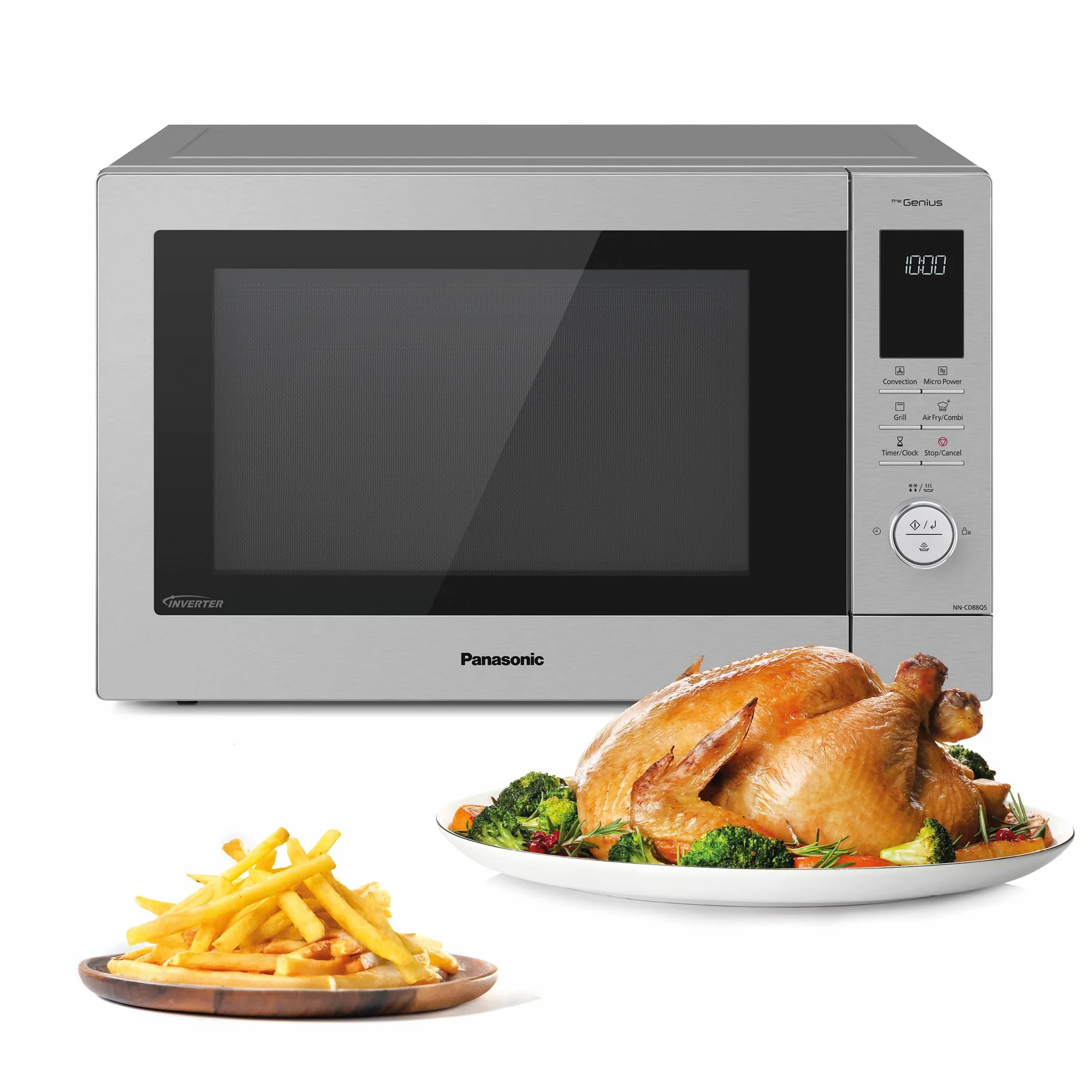 Panasonic NN-CD88QSEPG 34L Air Fryer kuchenka mikrofalowa kombi z grillem kwarcowym, 1000 W, automatyczne rozmrażanie, czujnik Genius, stal nierdzewna, srebrna