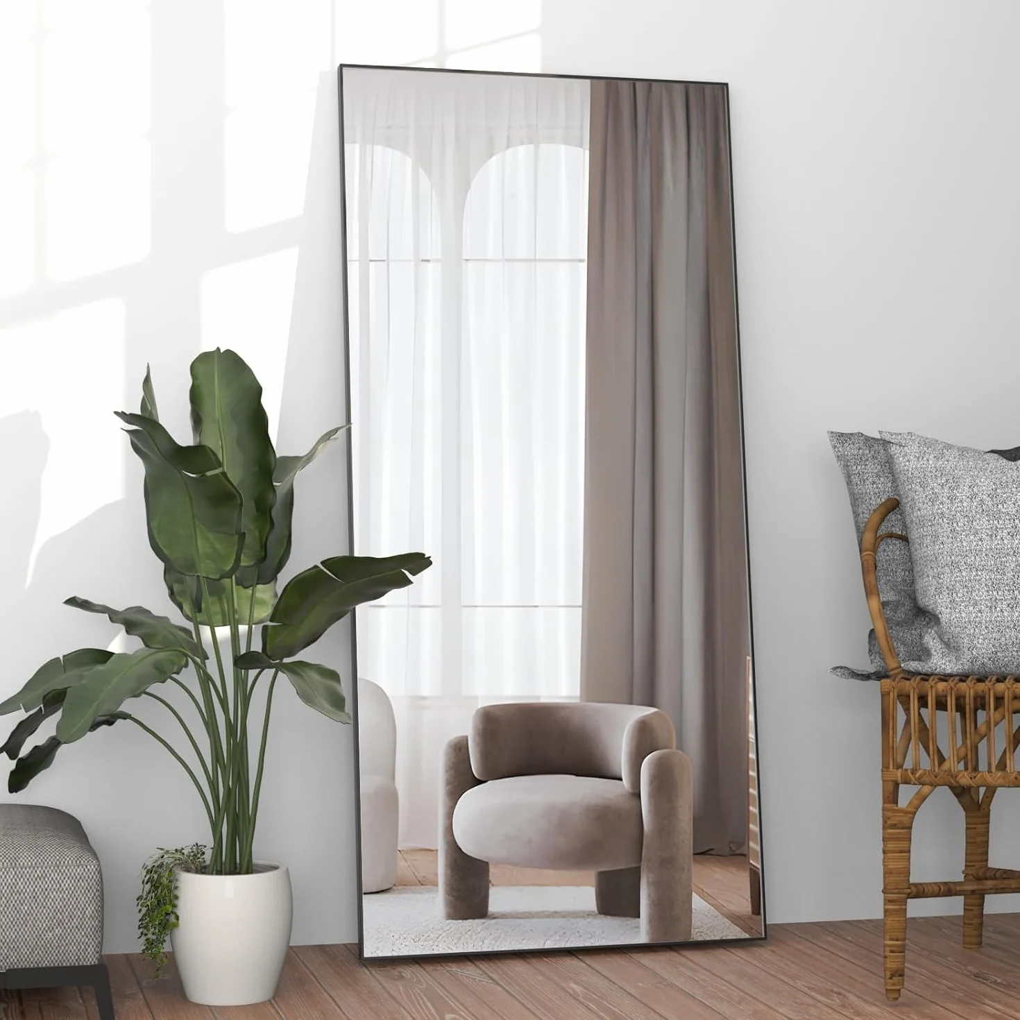 Lustro o pełnej długości, 165 x 60 cm, lustro podłogowe, duże, czarne, prostokątne, do sypialni, salonu, stojącego, wiszącego lub opartego o ścianę, rama ze stopu aluminium