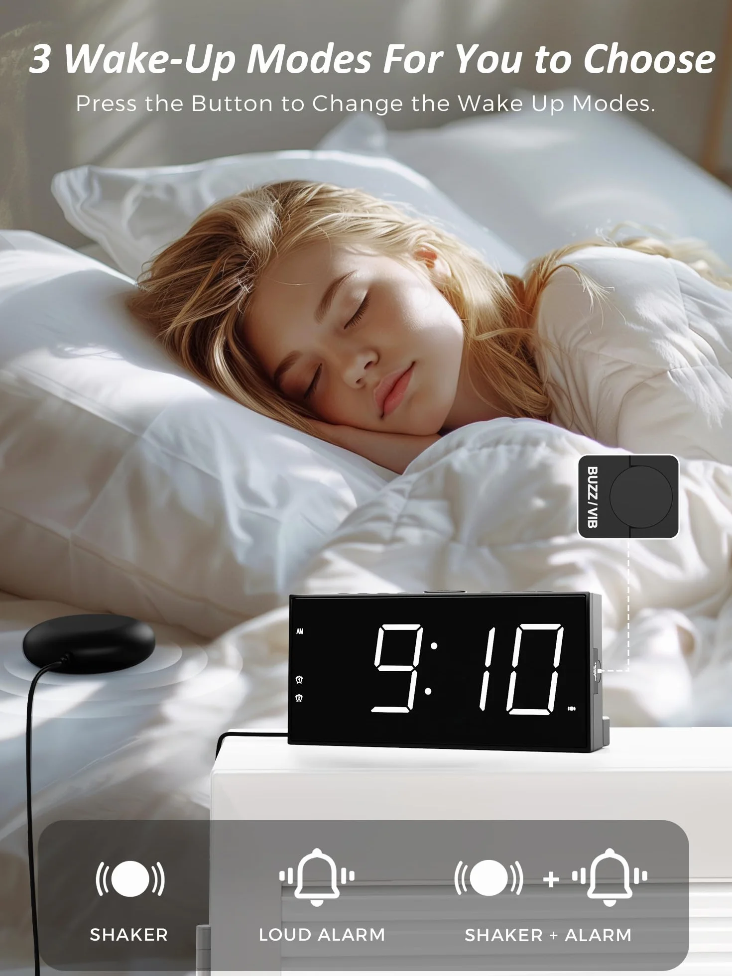 Mesqool Głośny budzik wibracyjny z funkcją spania dla osób niesłyszących, śpiących głęboko, podwójny alarm, ładowarka USB, duży wyświetlacz, drzemka, czas letni 12/24 h, ściemniacz