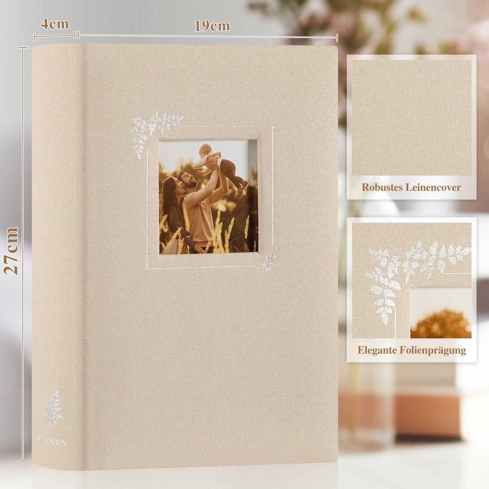 Lanpn Album fotograficzny do scrapbookingu, Mały Album lniany Projektowanie okien, 60 białych stron z pergaminowymi przekładkami na zdjęcia 9x13cm 10x15cm 13x18cm (19x27cm, beżowy)